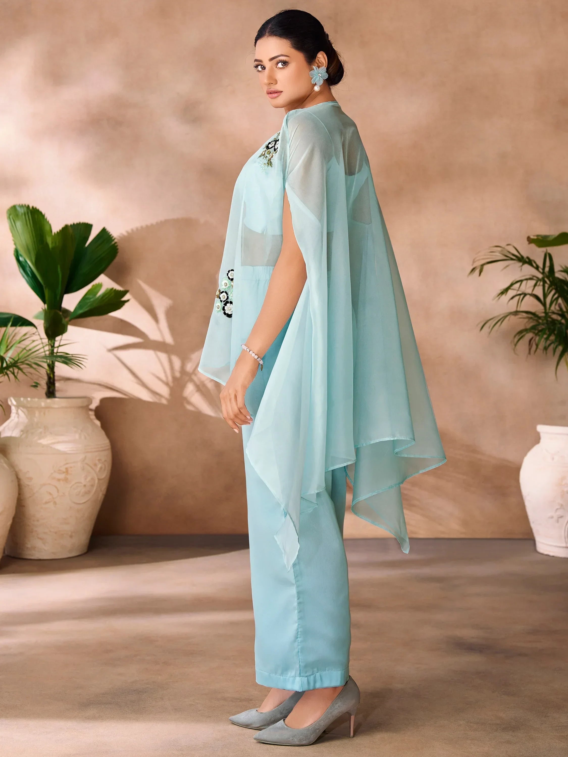 Stunning Aqua Blue Hand Work Organza Designer Co-Ord Set