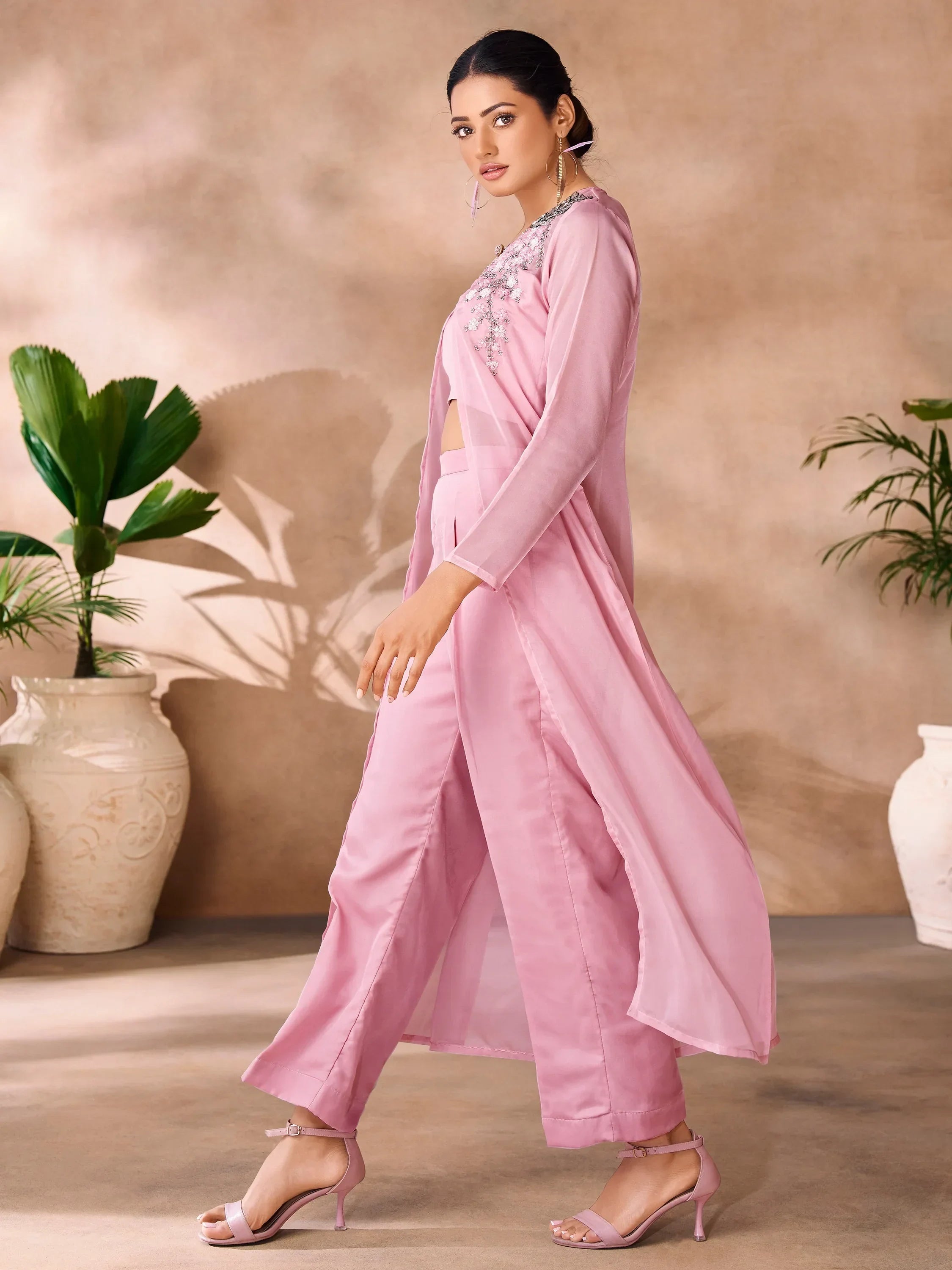 Enchanting Baby Pink Hand Work Organza Party Wear Co-Ord Set