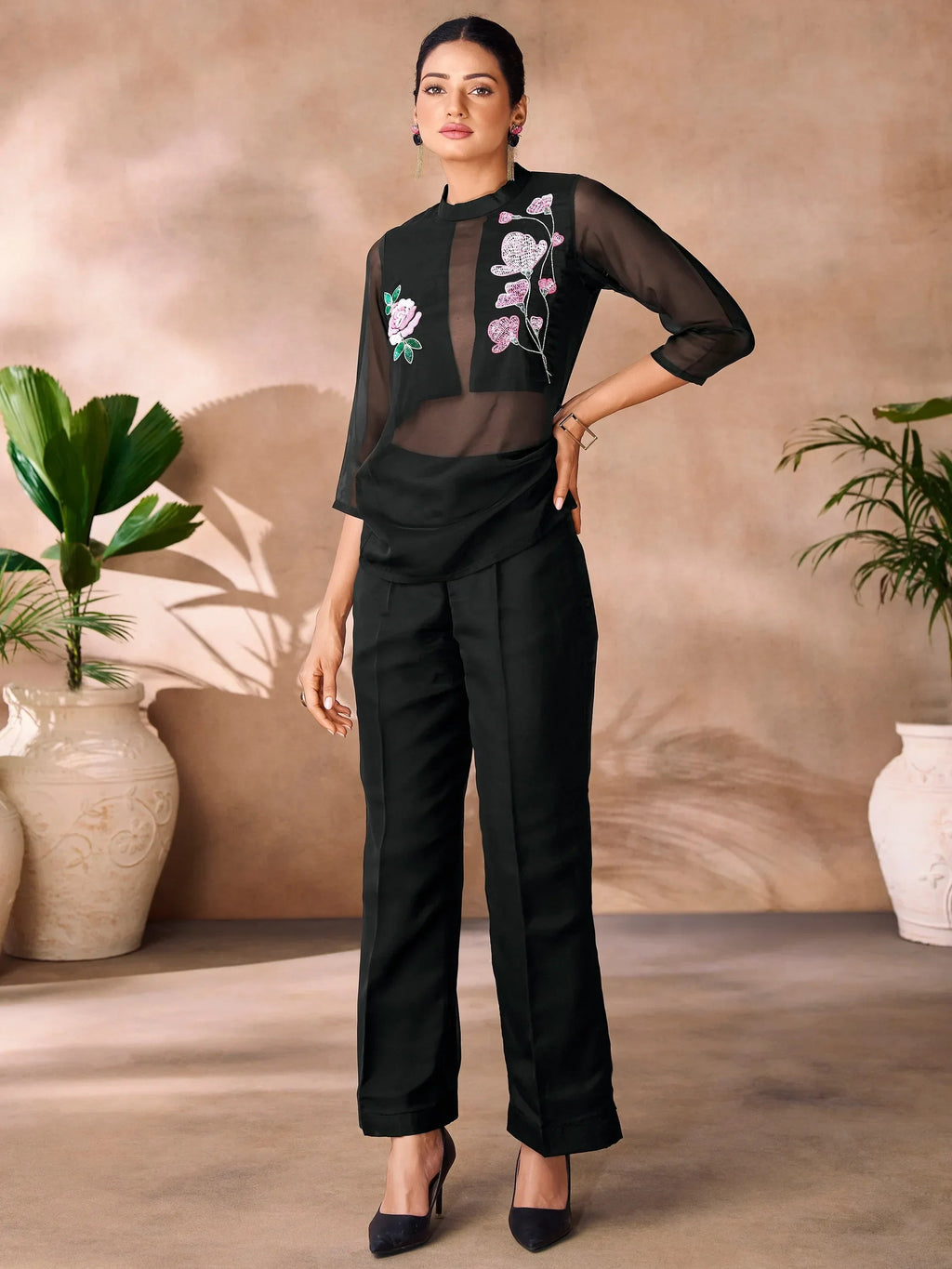 Glamorous Black Hand Work Organza Western Wear Co-Ord Set