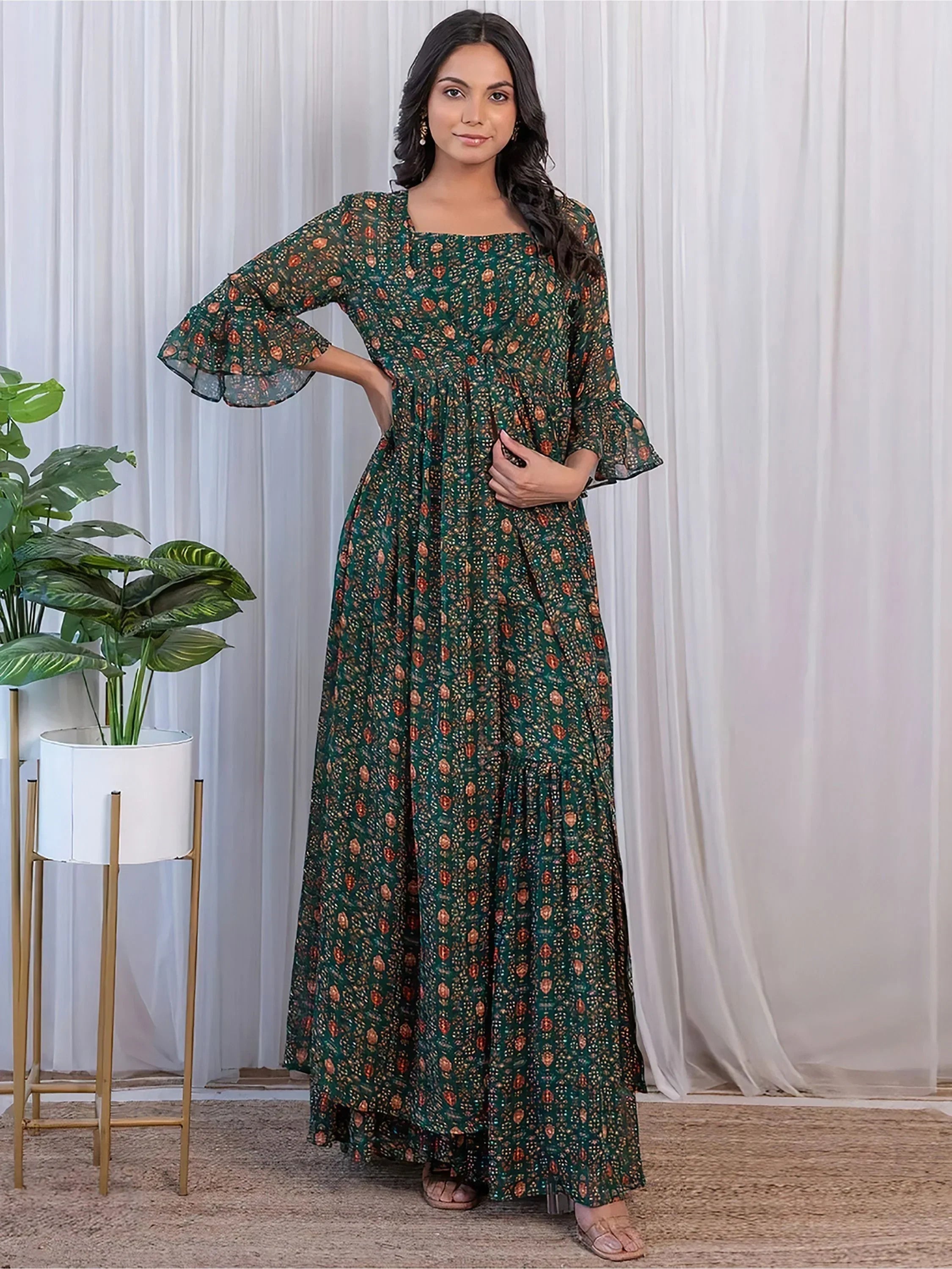 Charming Green Digital Printed Georgette Sharara Crop-Top With Jacket