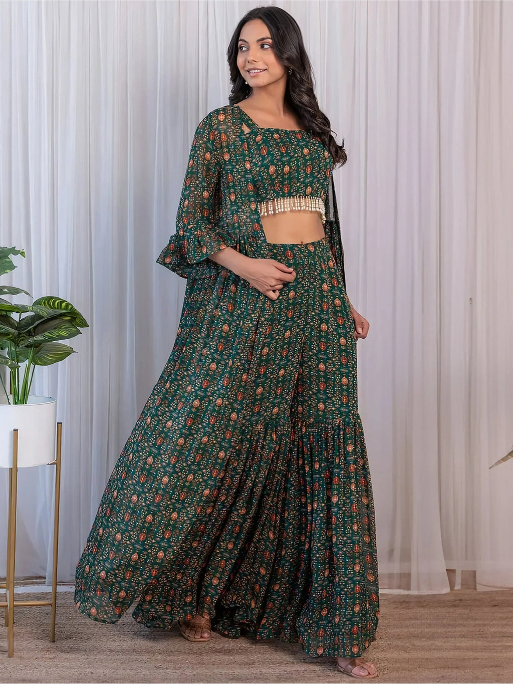 Charming Green Digital Printed Georgette Sharara Crop-Top With Jacket