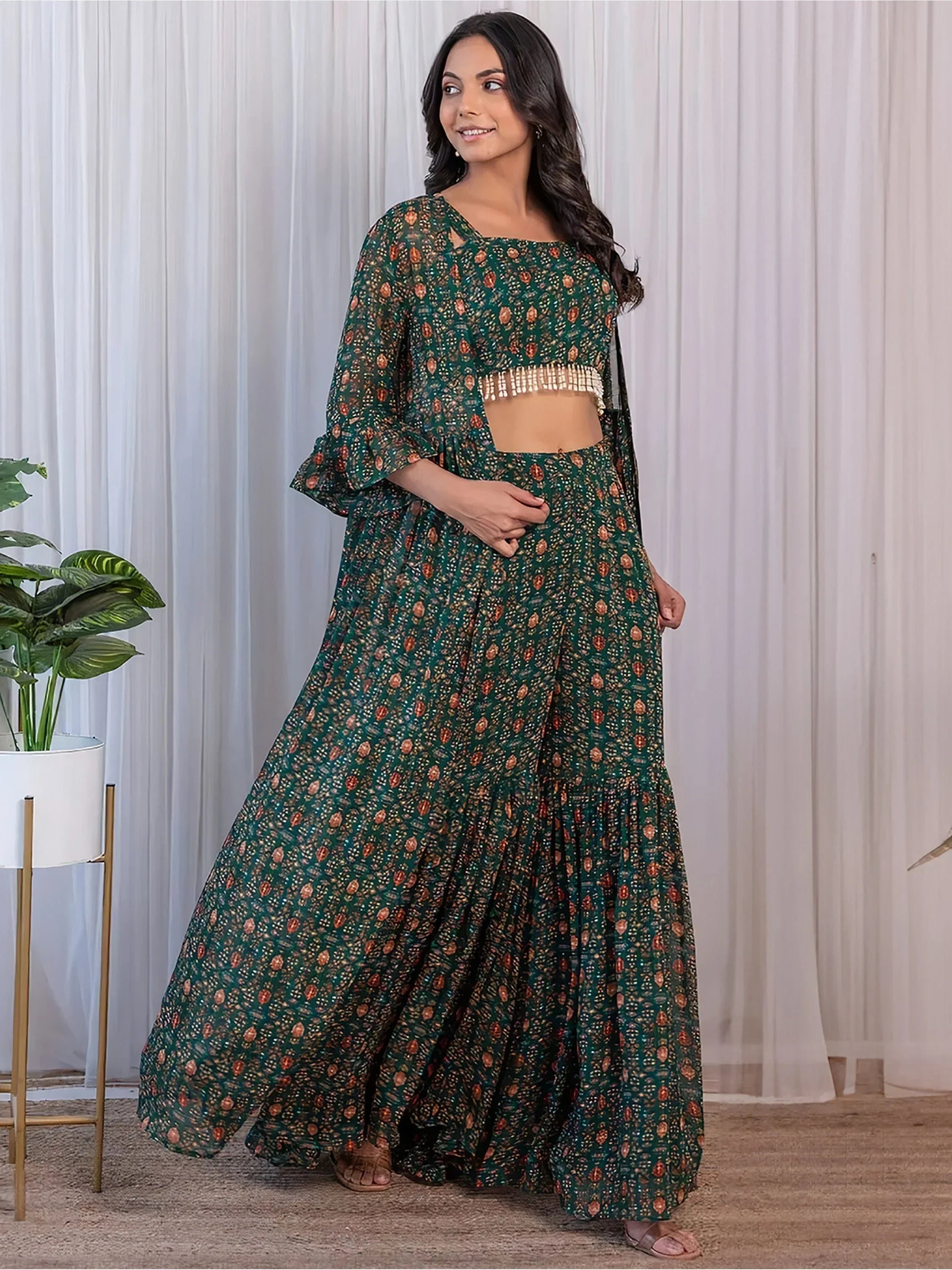 Charming Green Digital Printed Georgette Sharara Crop-Top With Jacket