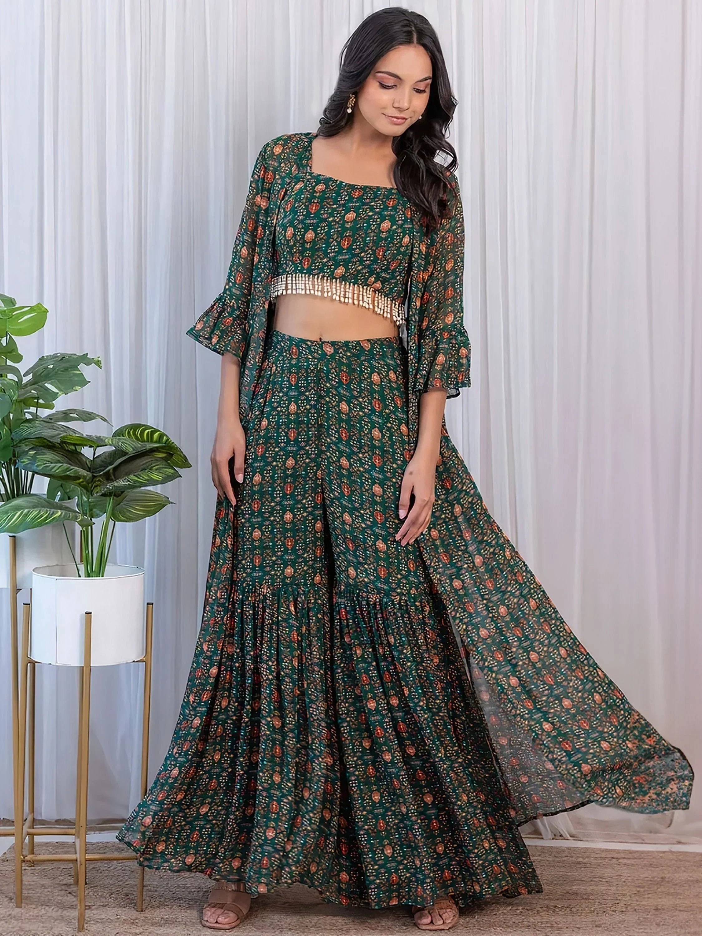 Charming Green Digital Printed Georgette Sharara Crop-Top With Jacket