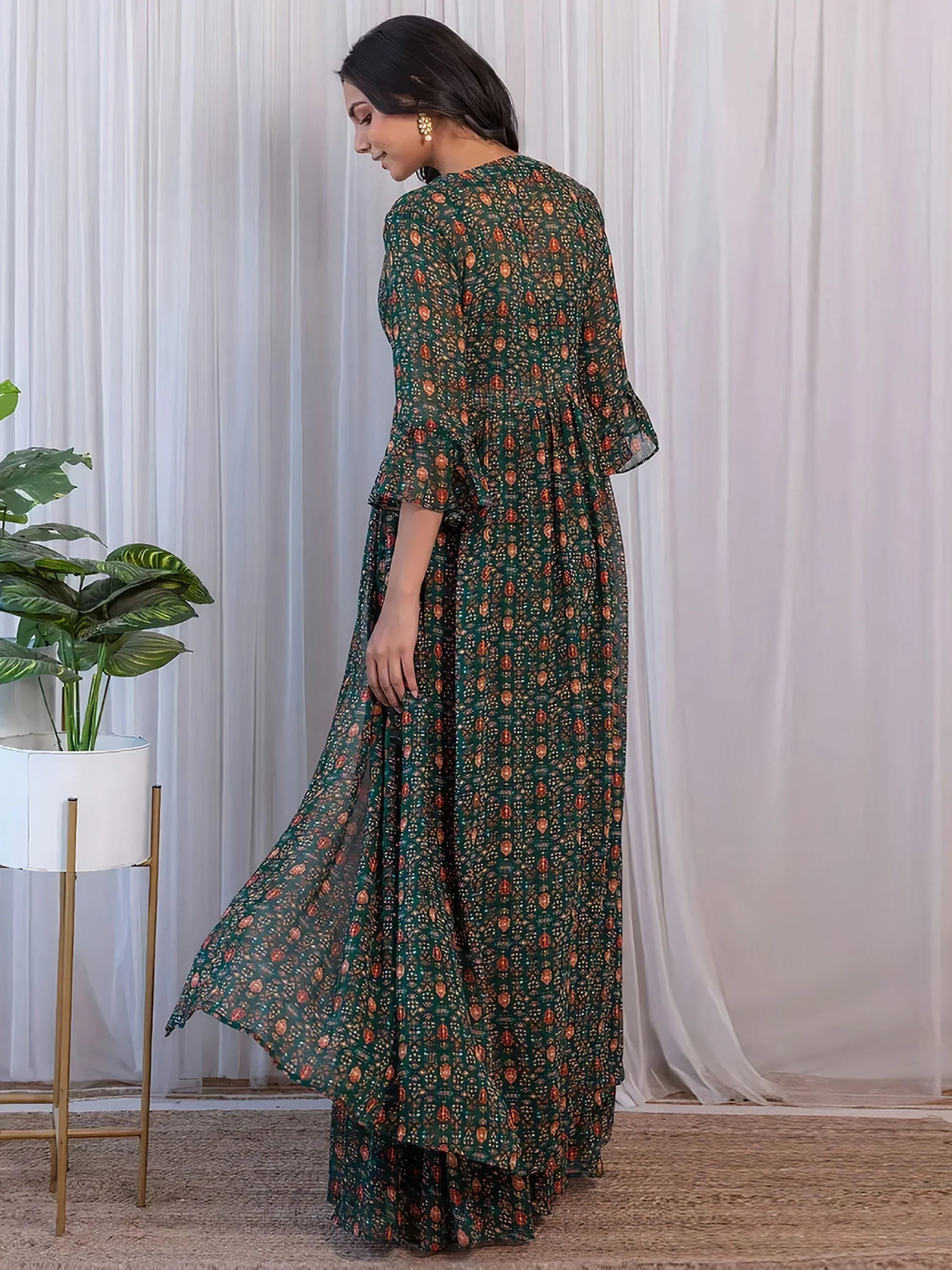 Charming Green Digital Printed Georgette Sharara Crop-Top With Jacket