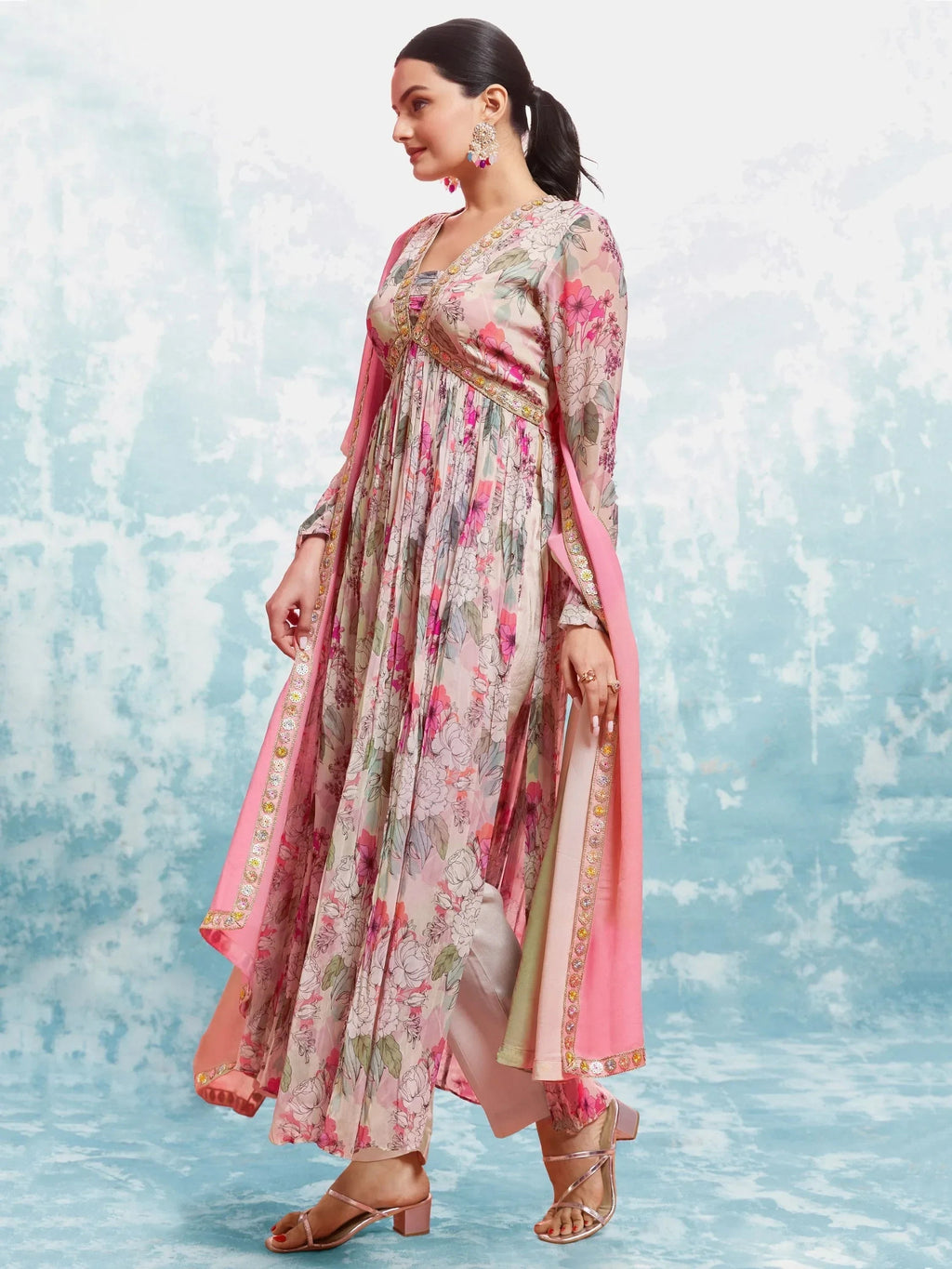 Alluring Light Pink Floral Printed Georgette Event Wear Salwar Suit
