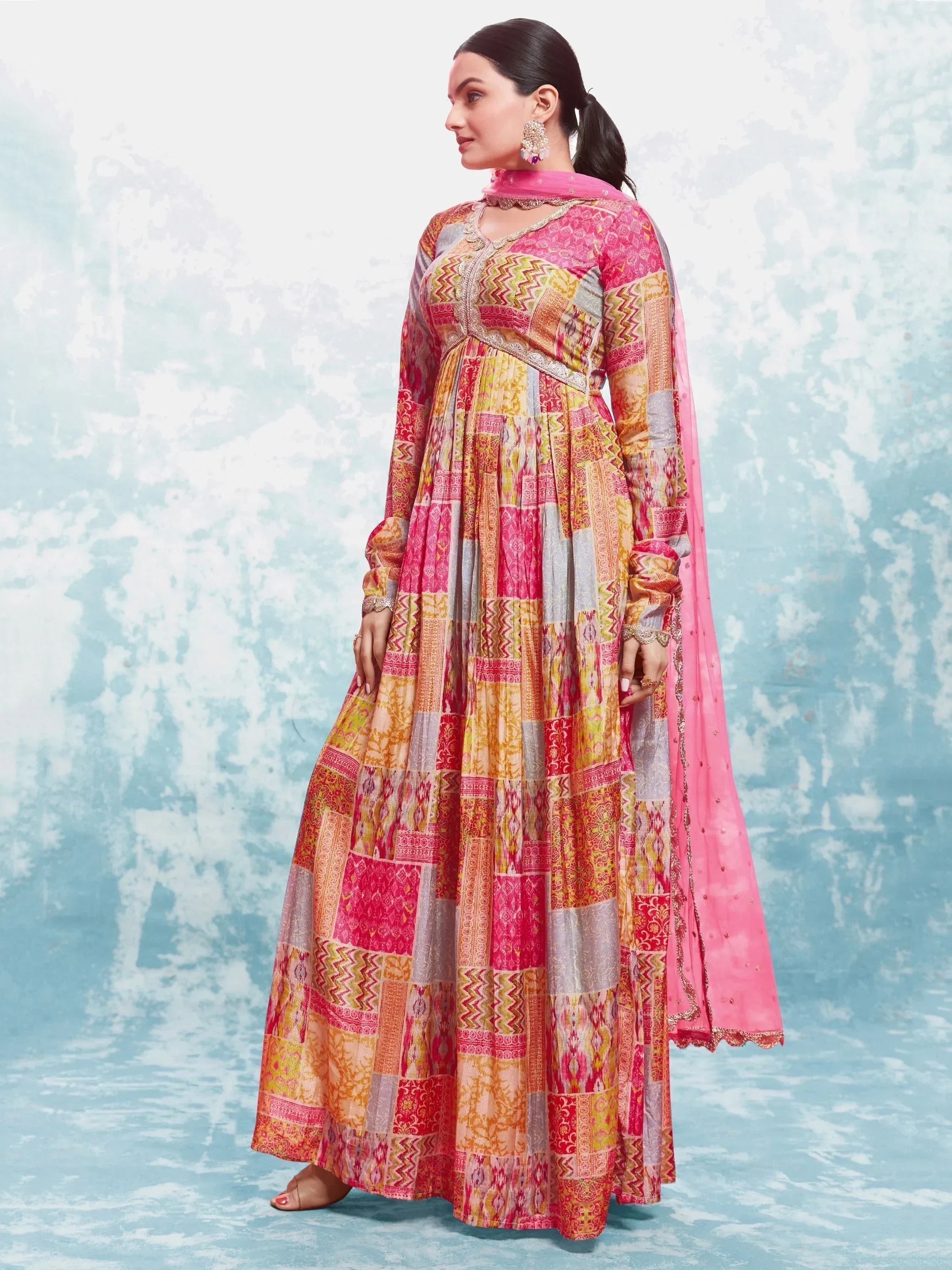 Spectacular Multi-Color Digital Printed Muslin Silk Festival Wear Gown