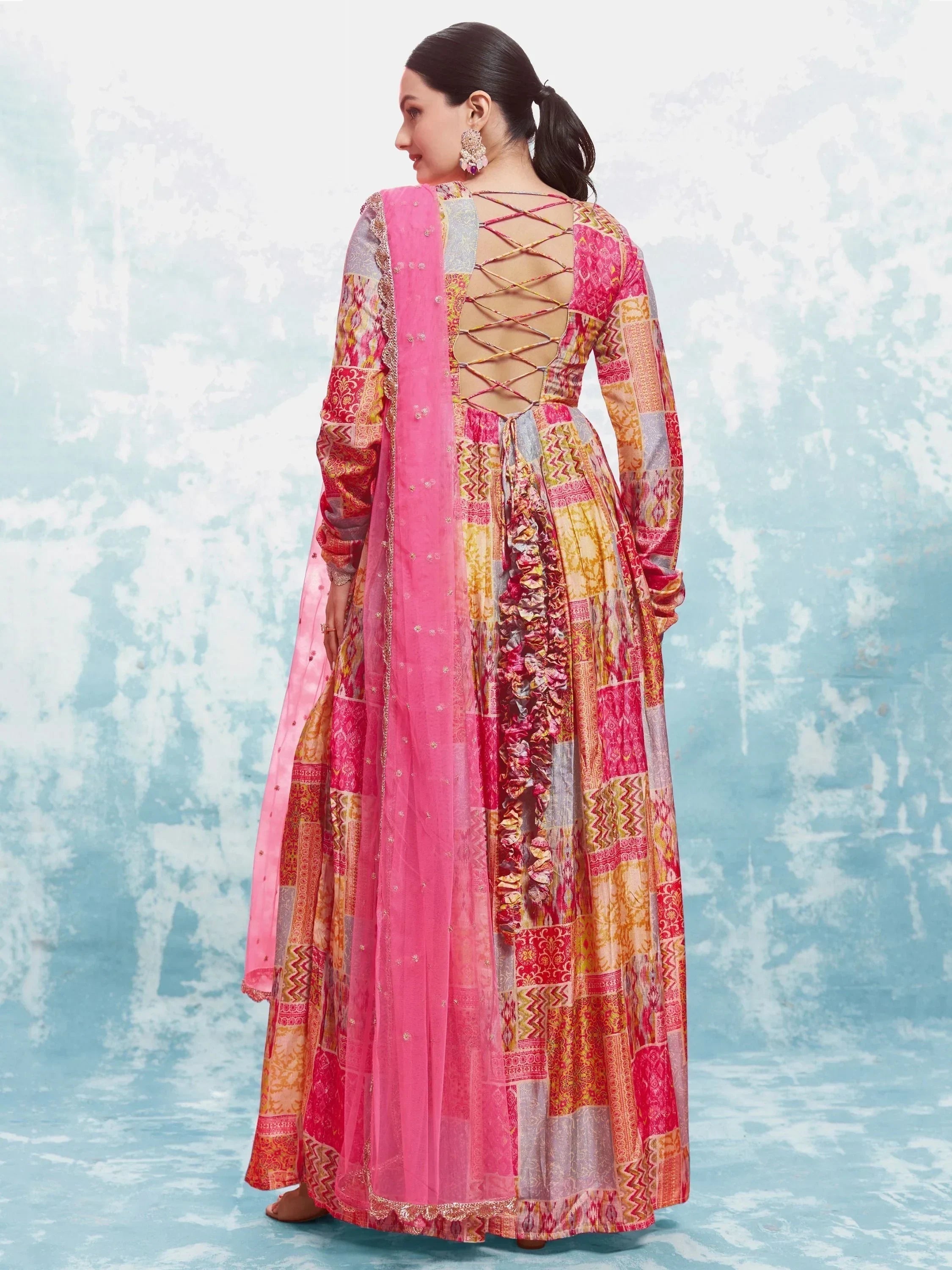 Spectacular Multi-Color Digital Printed Muslin Silk Festival Wear Gown
