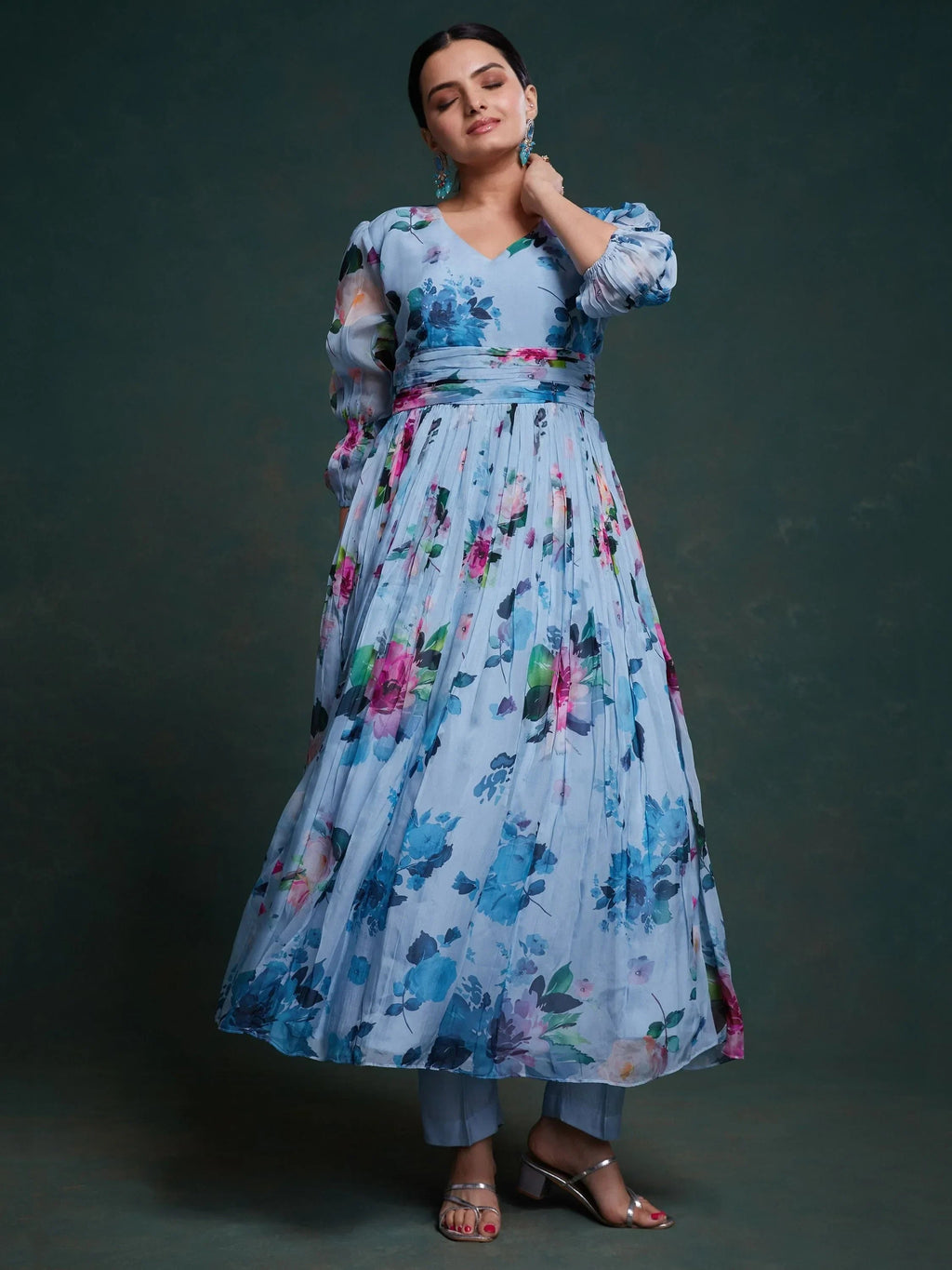 Astonishing Sky-Blue Floral Printed Organza Festival Wear Pant Suit