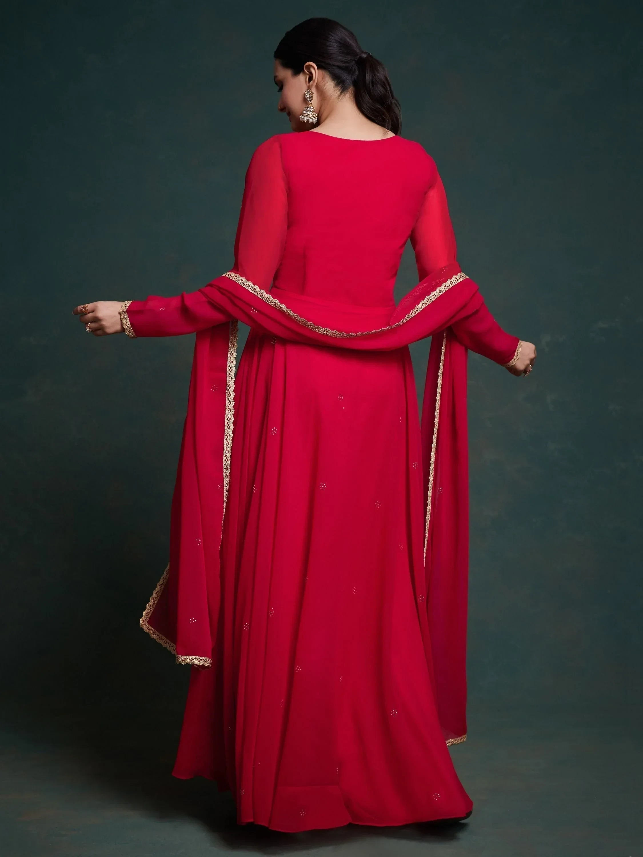 Gorgeous Red Lace Work Georgette Function Wear Gown With Dupatta