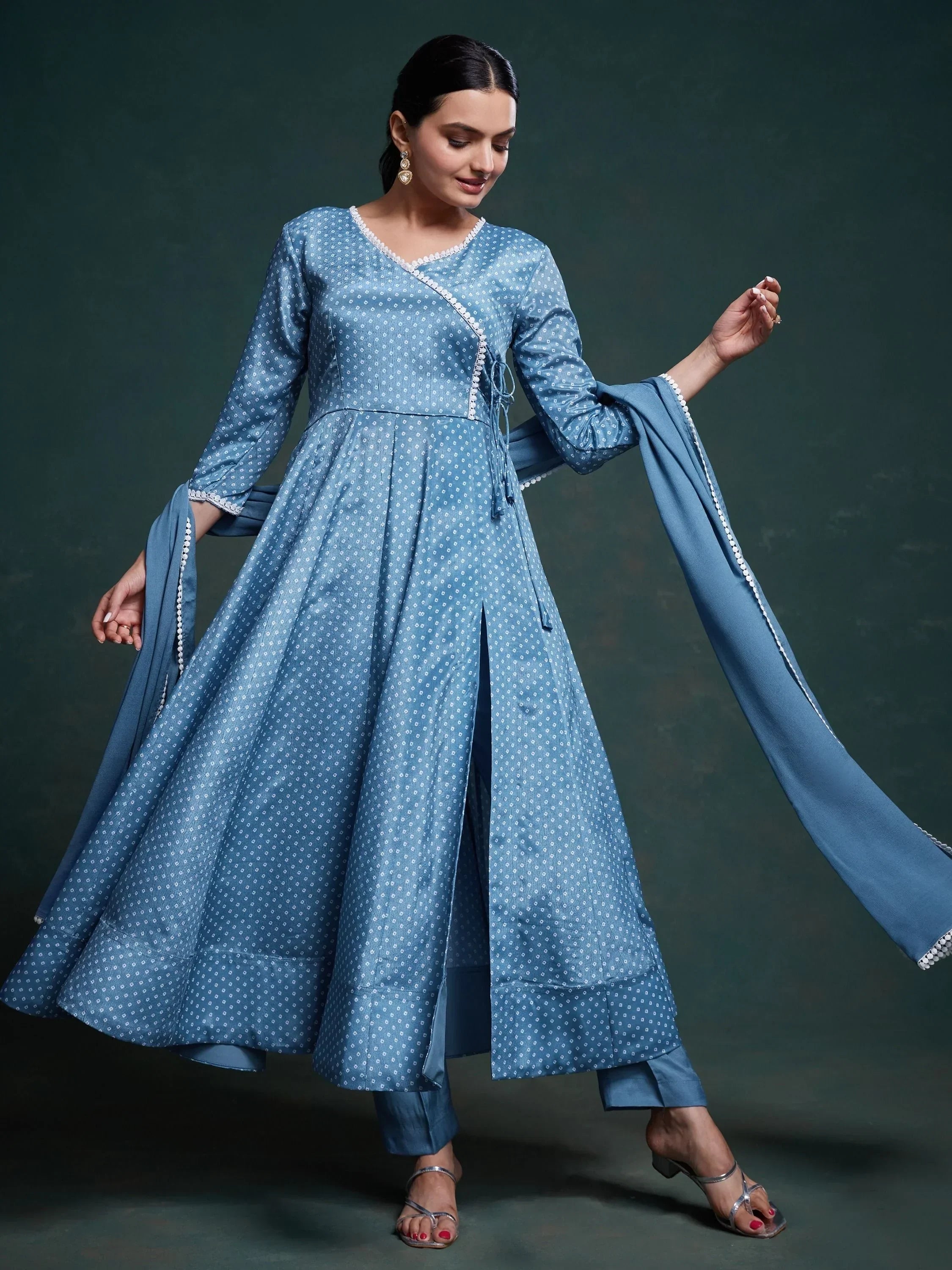 Lovely Dusty Blue Printed Chinon Designer Salwar Suit With Dupatta