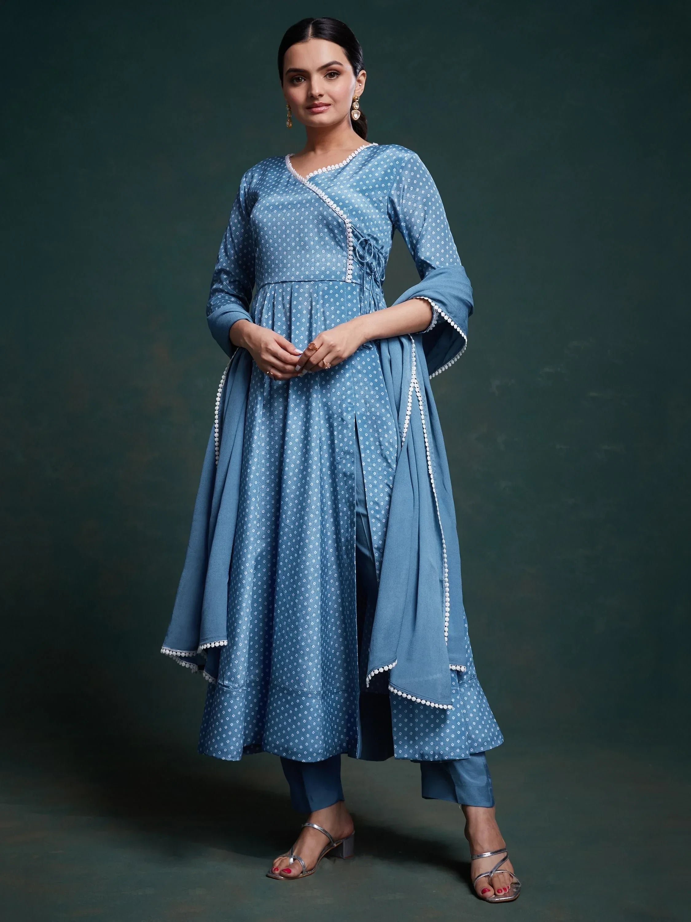 Lovely Dusty Blue Printed Chinon Designer Salwar Suit With Dupatta