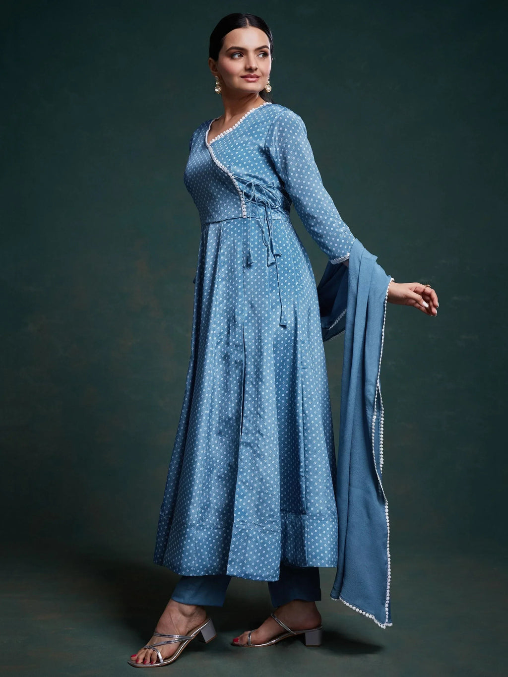 Lovely Dusty Blue Printed Chinon Designer Salwar Suit With Dupatta
