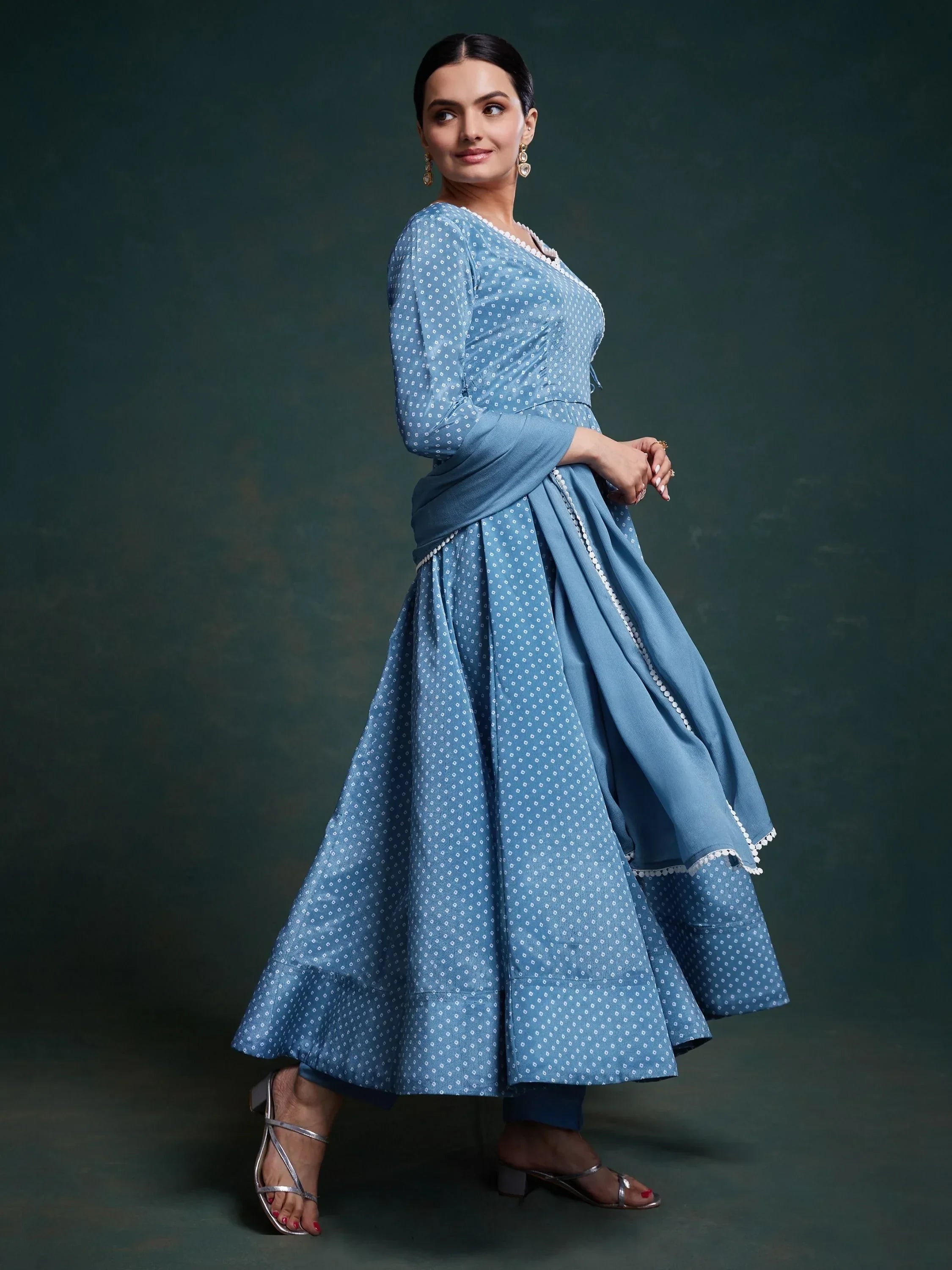Lovely Dusty Blue Printed Chinon Designer Salwar Suit With Dupatta