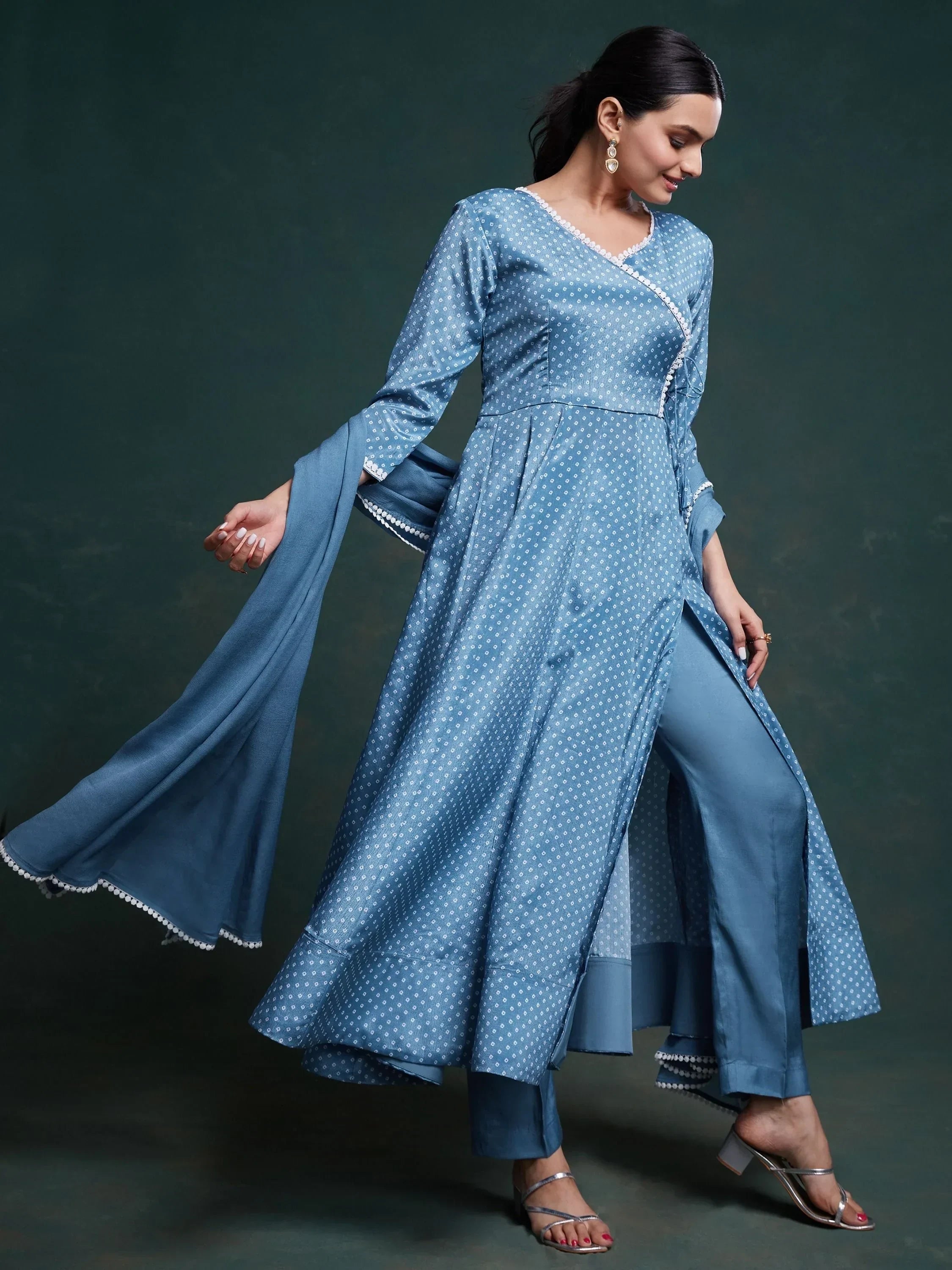Lovely Dusty Blue Printed Chinon Designer Salwar Suit With Dupatta