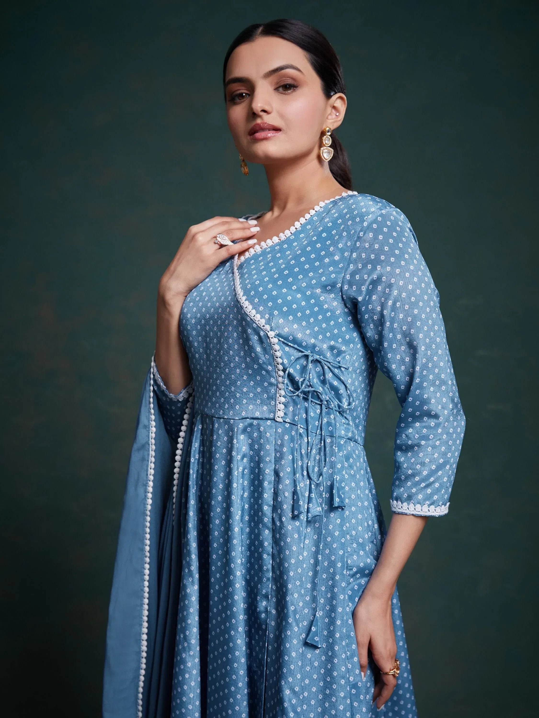 Lovely Dusty Blue Printed Chinon Designer Salwar Suit With Dupatta