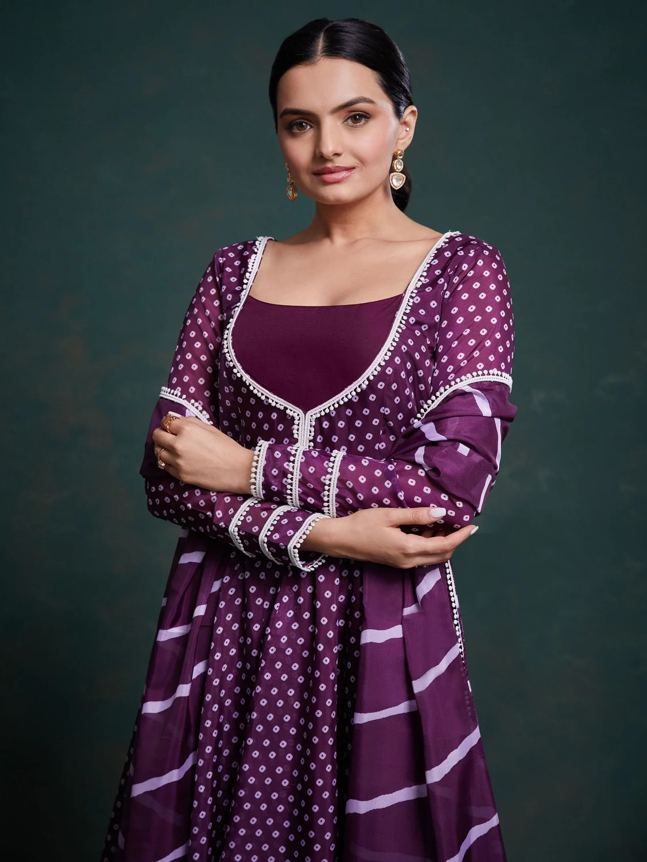 Beautiful Purple Printed Organza Event Wear Salwar Suit With Dupatta
