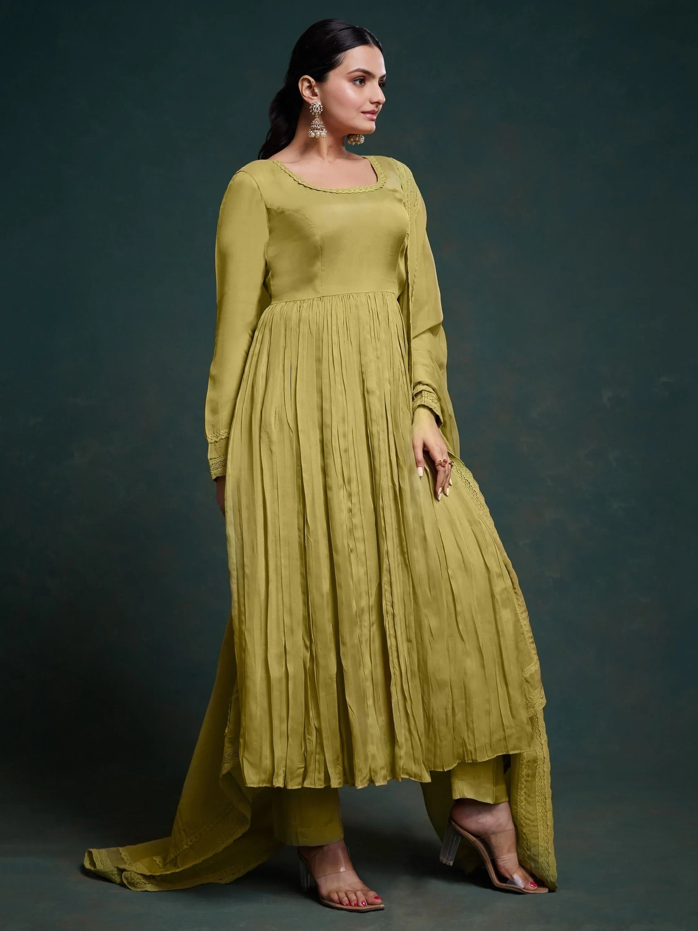 Attractive Olive Green Organza Festival Wear Salwar Suit With Dupatta