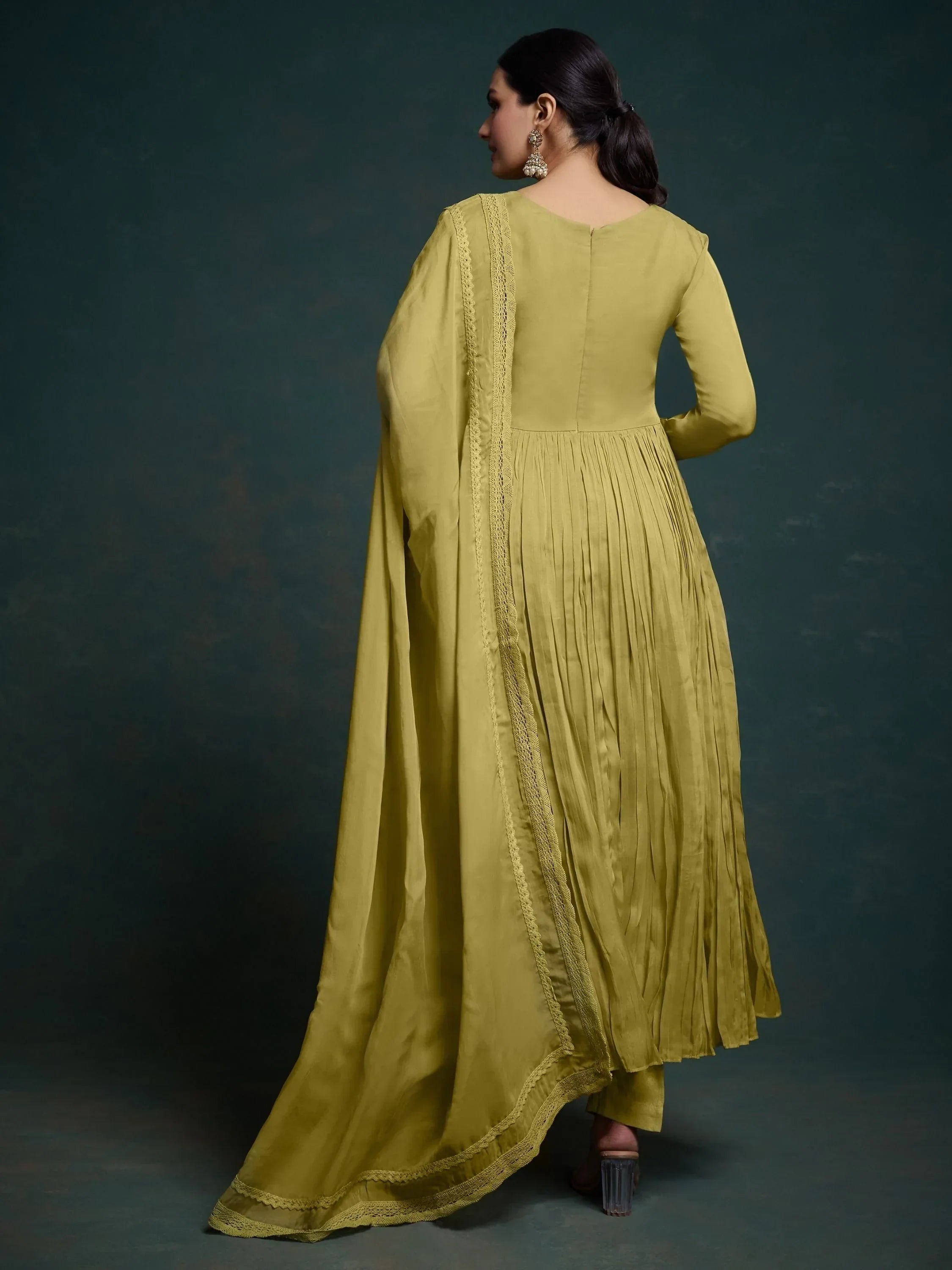 Attractive Olive Green Organza Festival Wear Salwar Suit With Dupatta