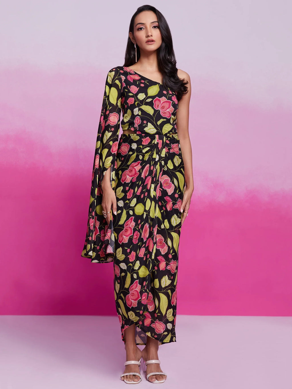 Wonderful Black Floral Printed Chinon Silk Western Dress
