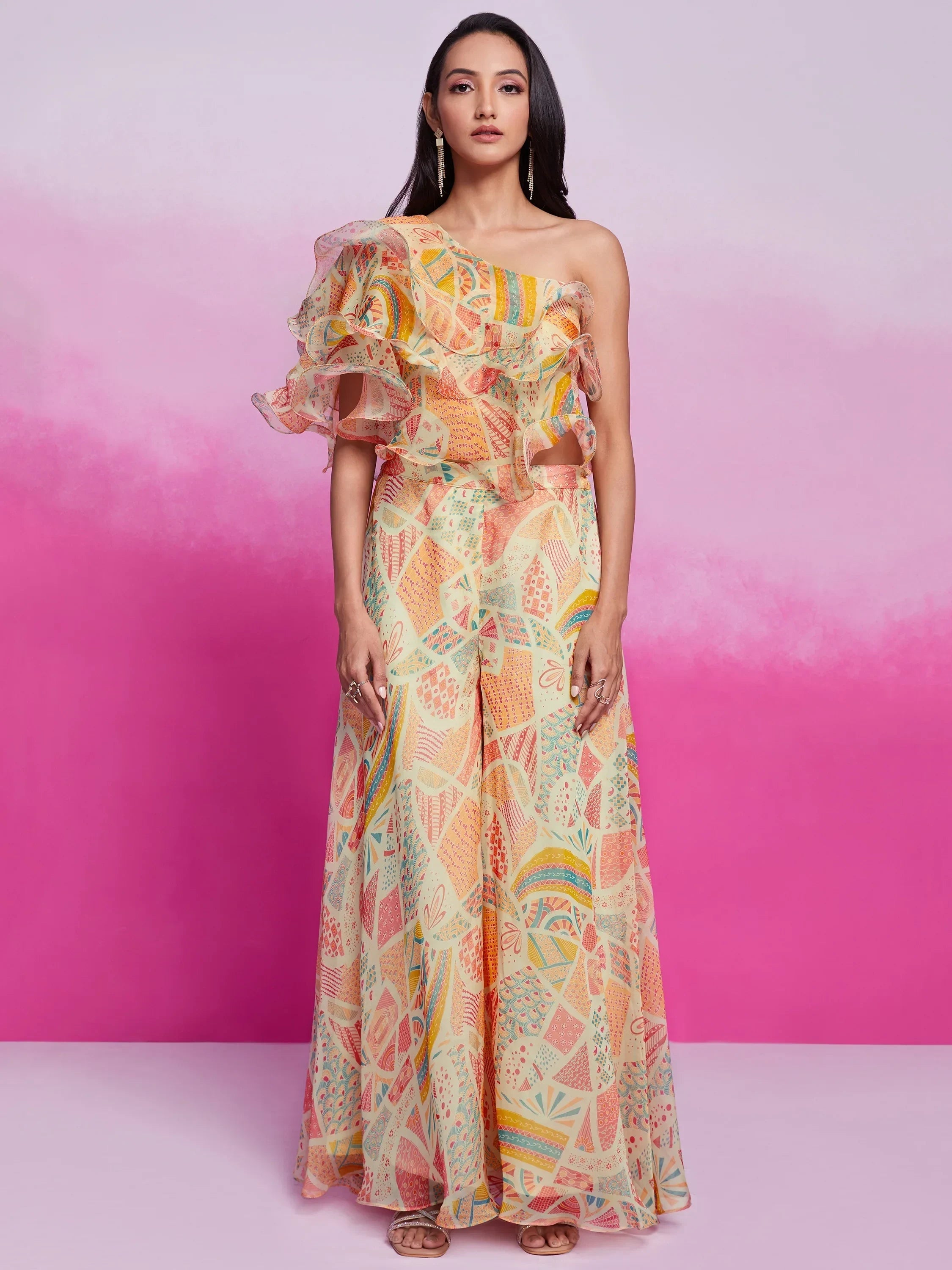 Lovely Cream Digital Printed Organza Party Wear Crop Top Palazzo
