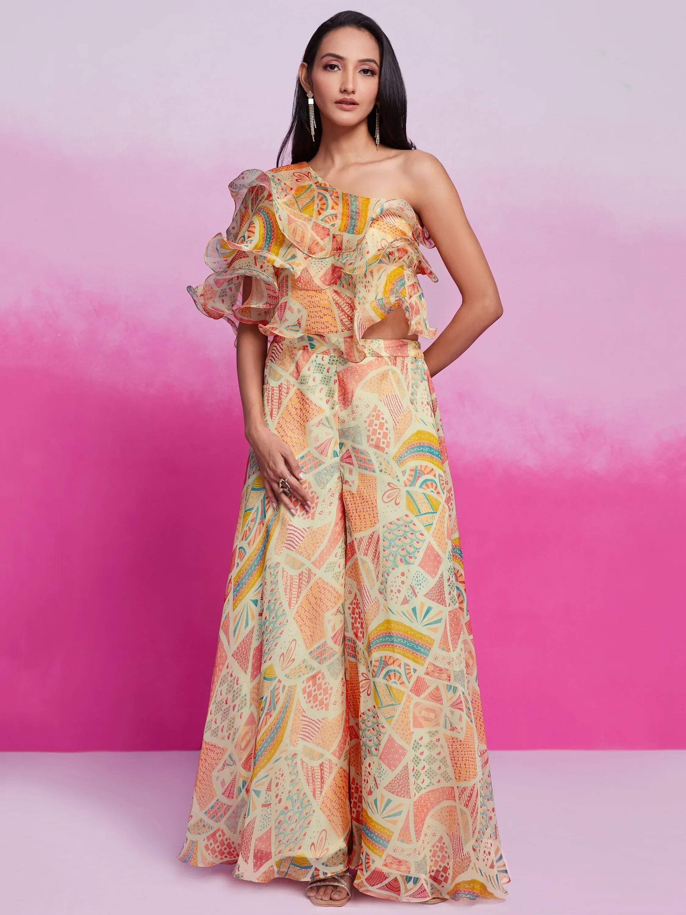 Lovely Cream Digital Printed Organza Party Wear Crop Top Palazzo