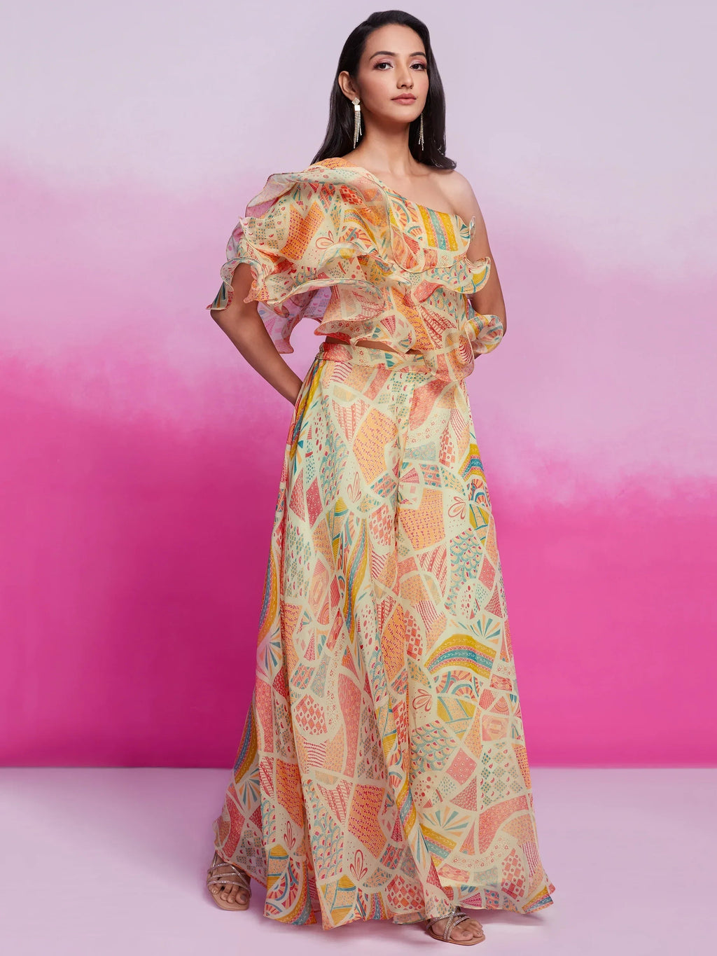 Lovely Cream Digital Printed Organza Party Wear Crop Top Palazzo