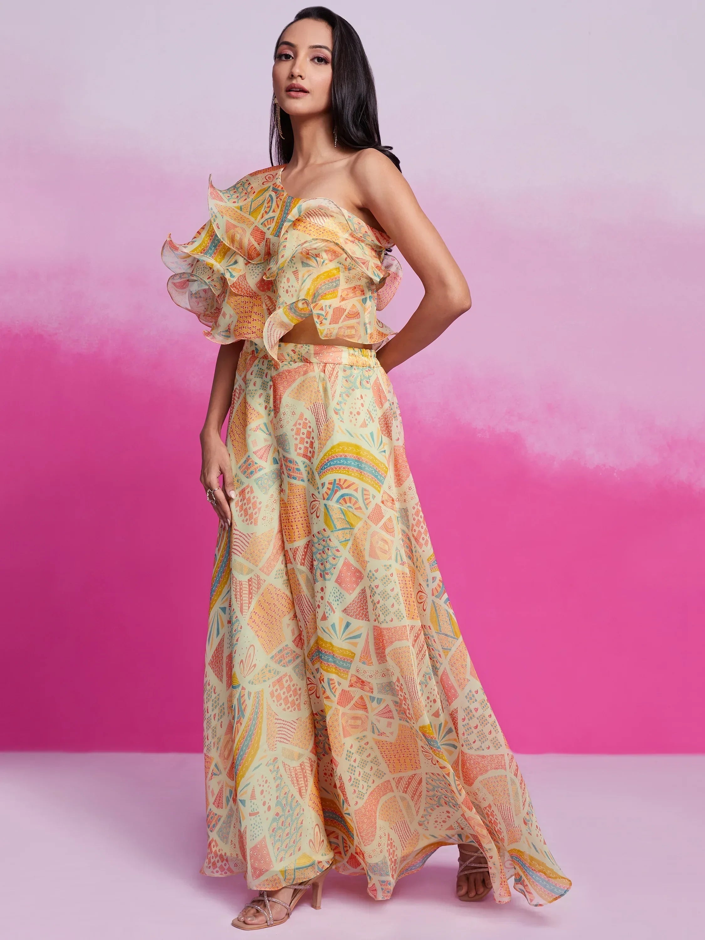 Lovely Cream Digital Printed Organza Party Wear Crop Top Palazzo