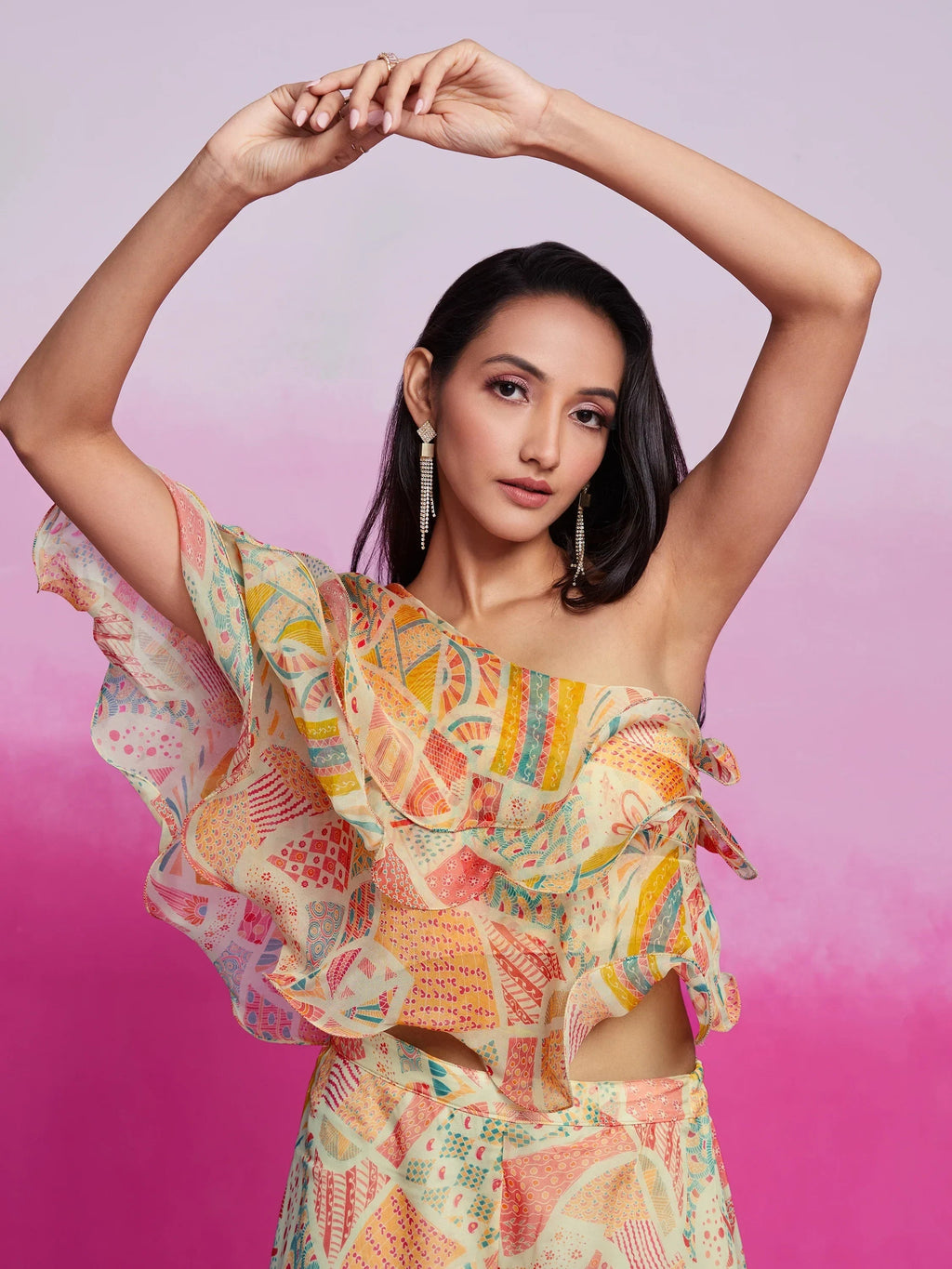 Lovely Cream Digital Printed Organza Party Wear Crop Top Palazzo
