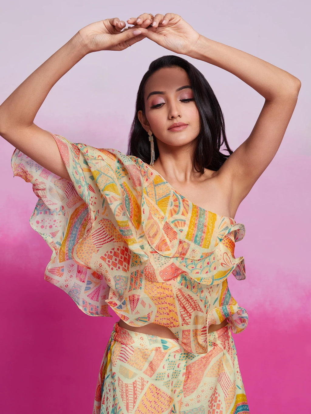 Lovely Cream Digital Printed Organza Party Wear Crop Top Palazzo