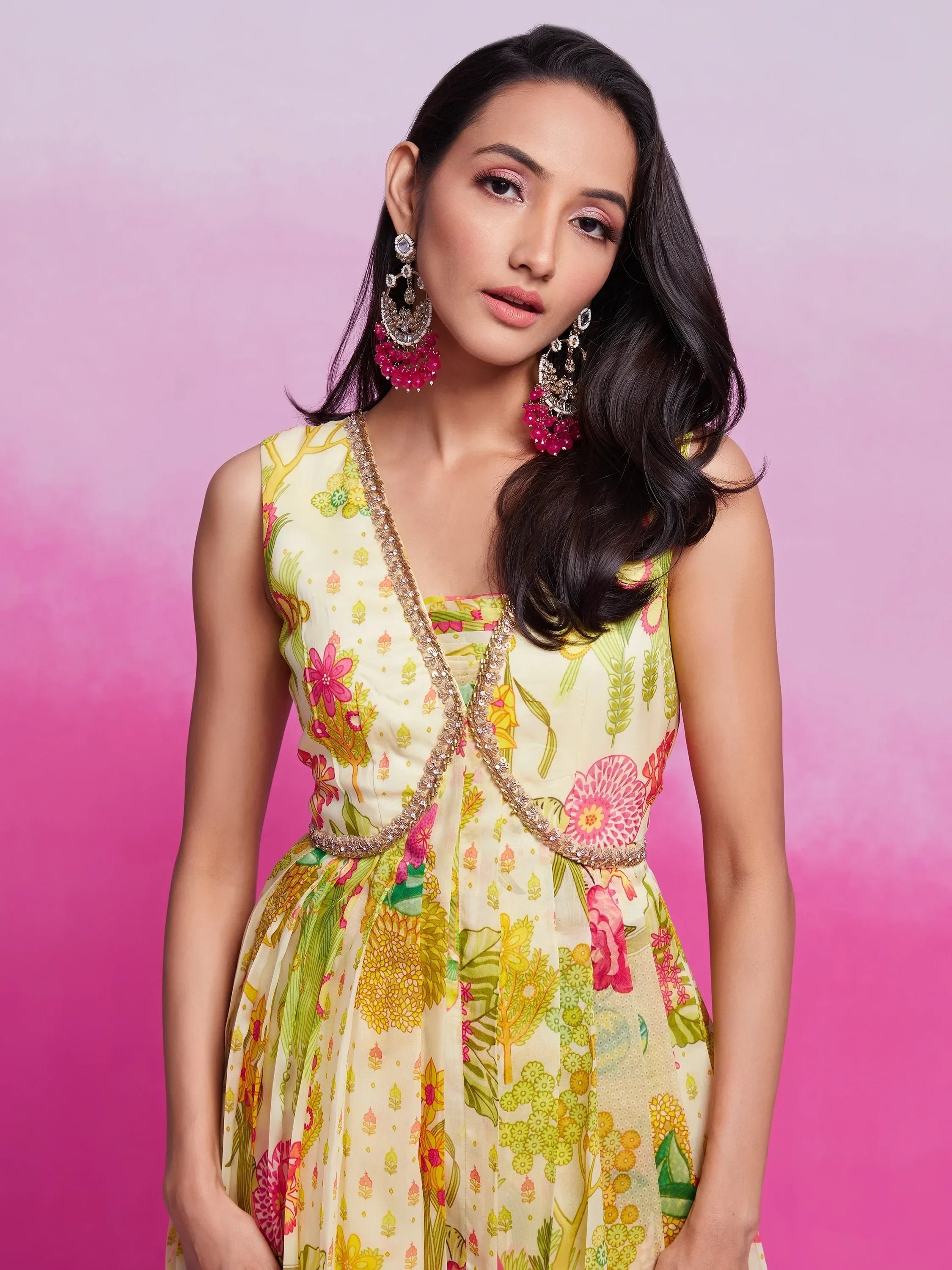 Stunning Cream Digital Printed Organza Festival Wear Dress