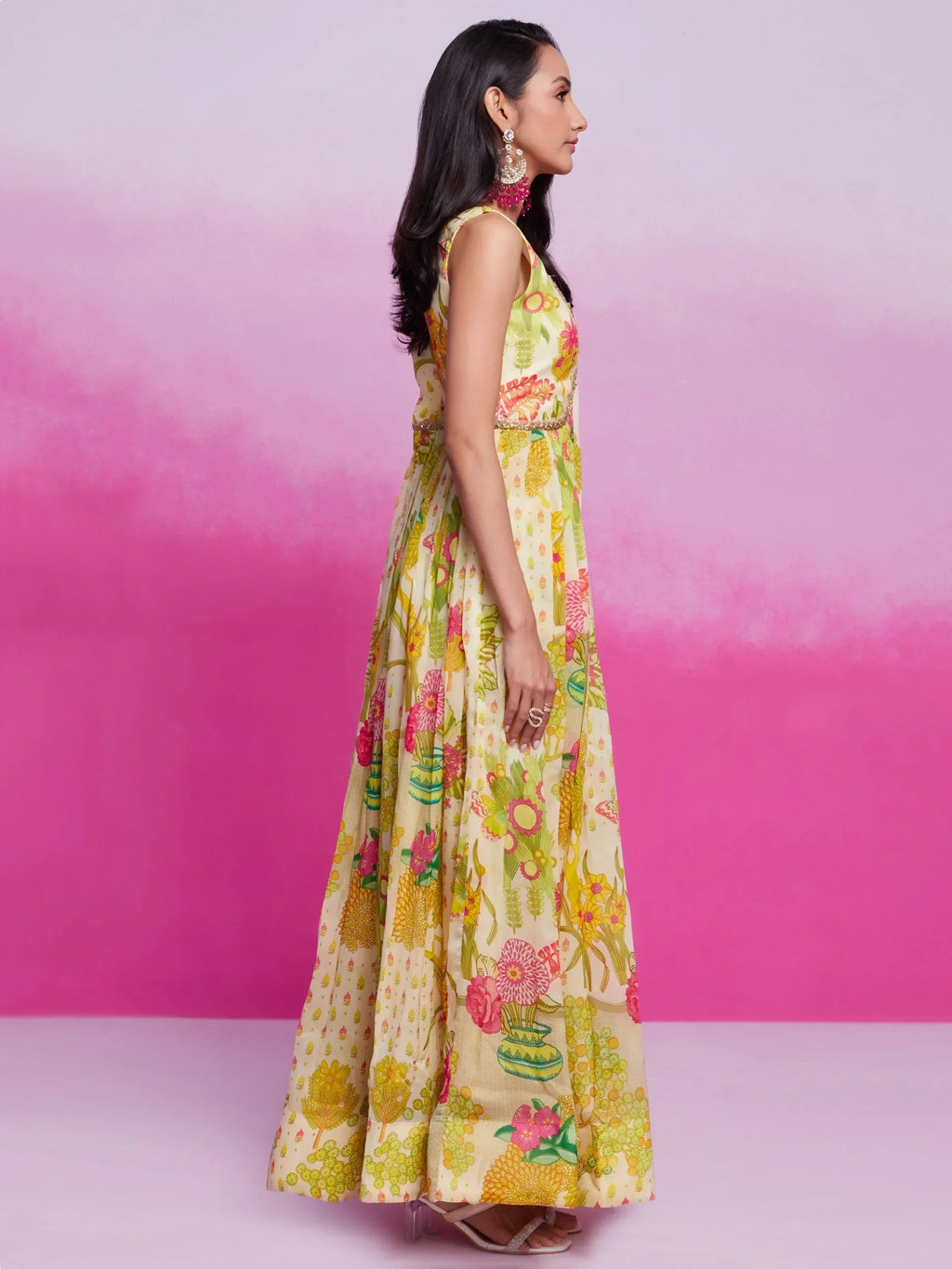 Stunning Cream Digital Printed Organza Festival Wear Dress