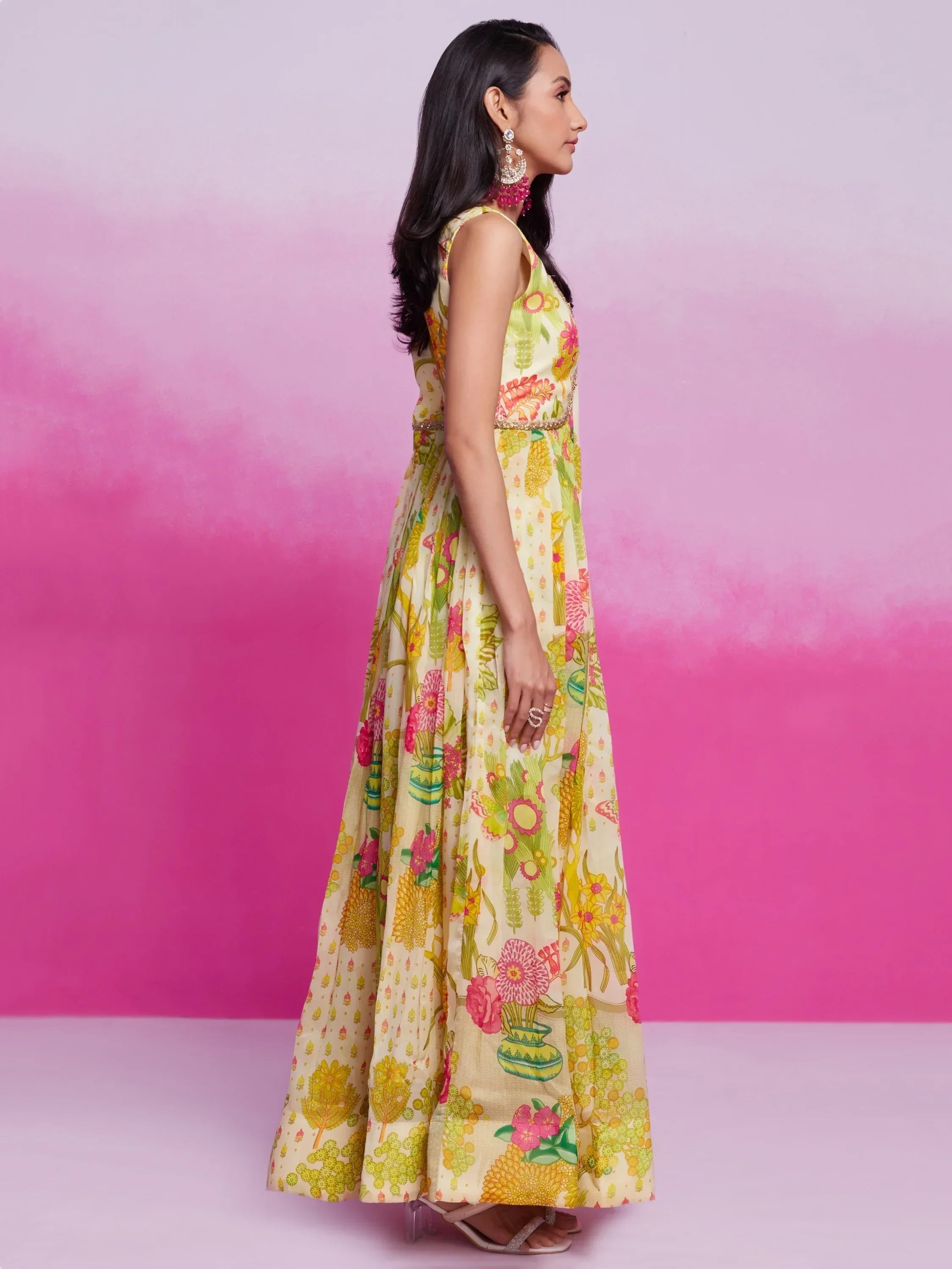 Stunning Cream Digital Printed Organza Festival Wear Dress