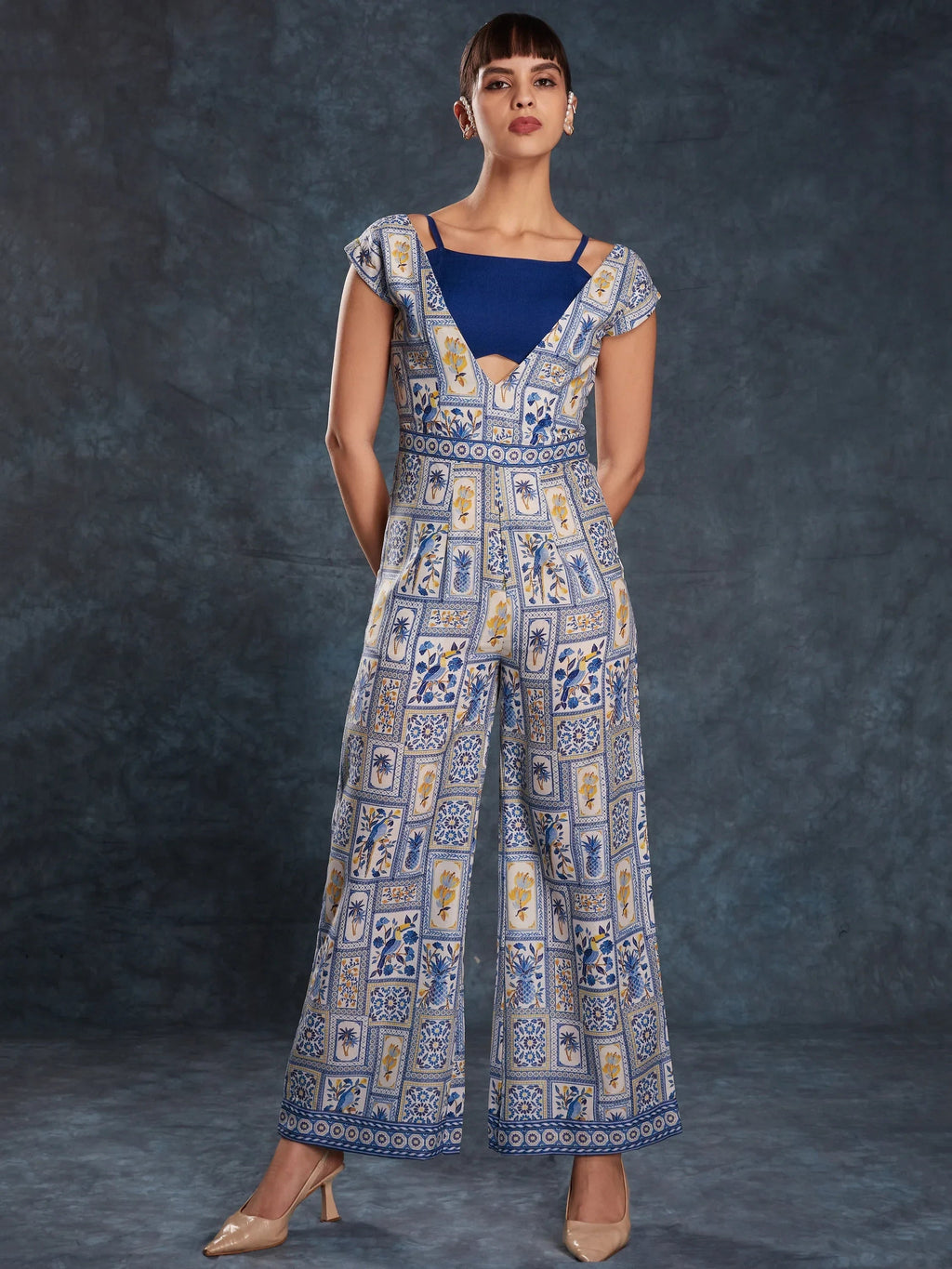 Gorgeous Navy Blue Digital Printed Linen Party Wear Jumpsuit