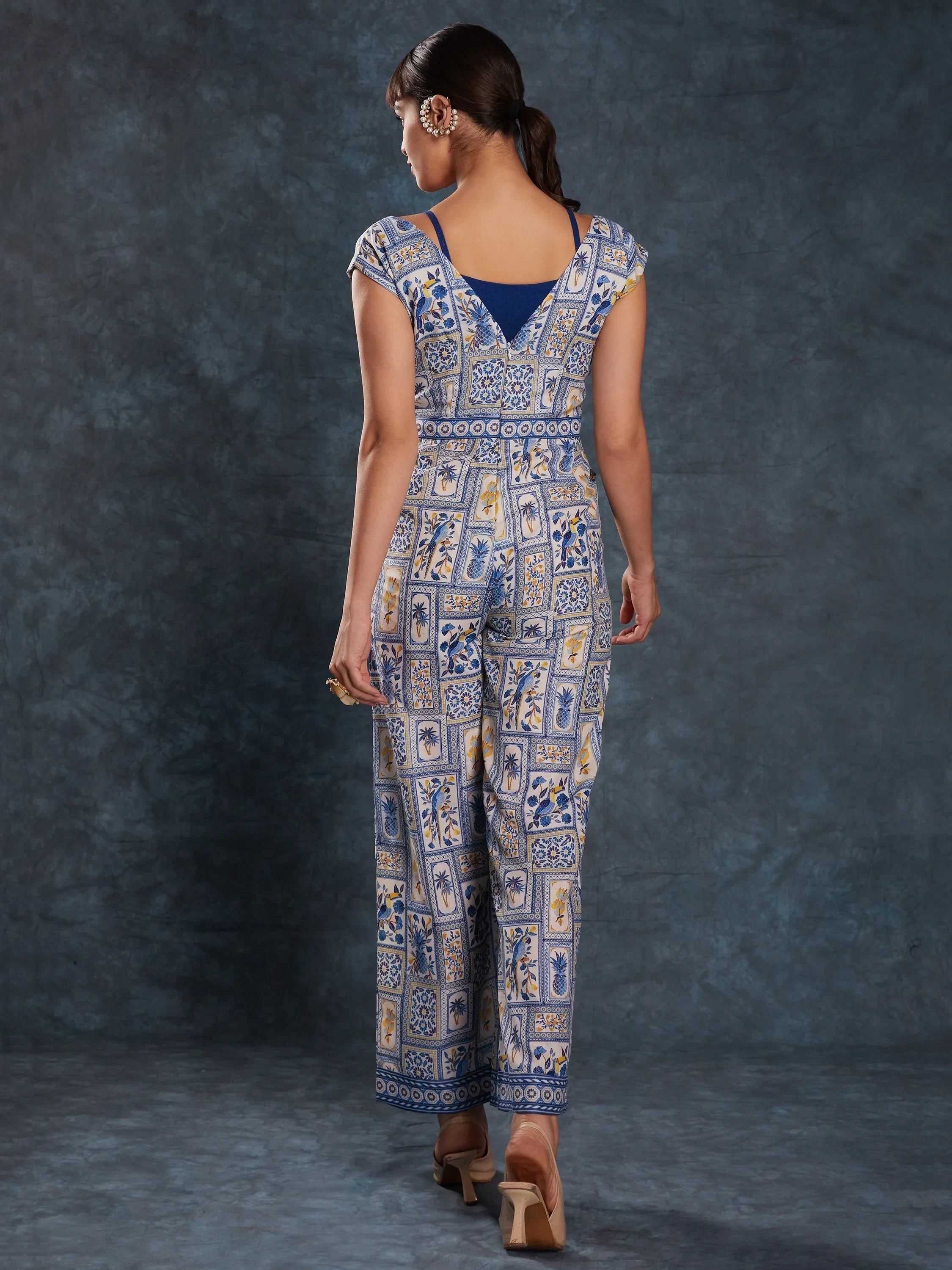 Gorgeous Navy Blue Digital Printed Linen Party Wear Jumpsuit