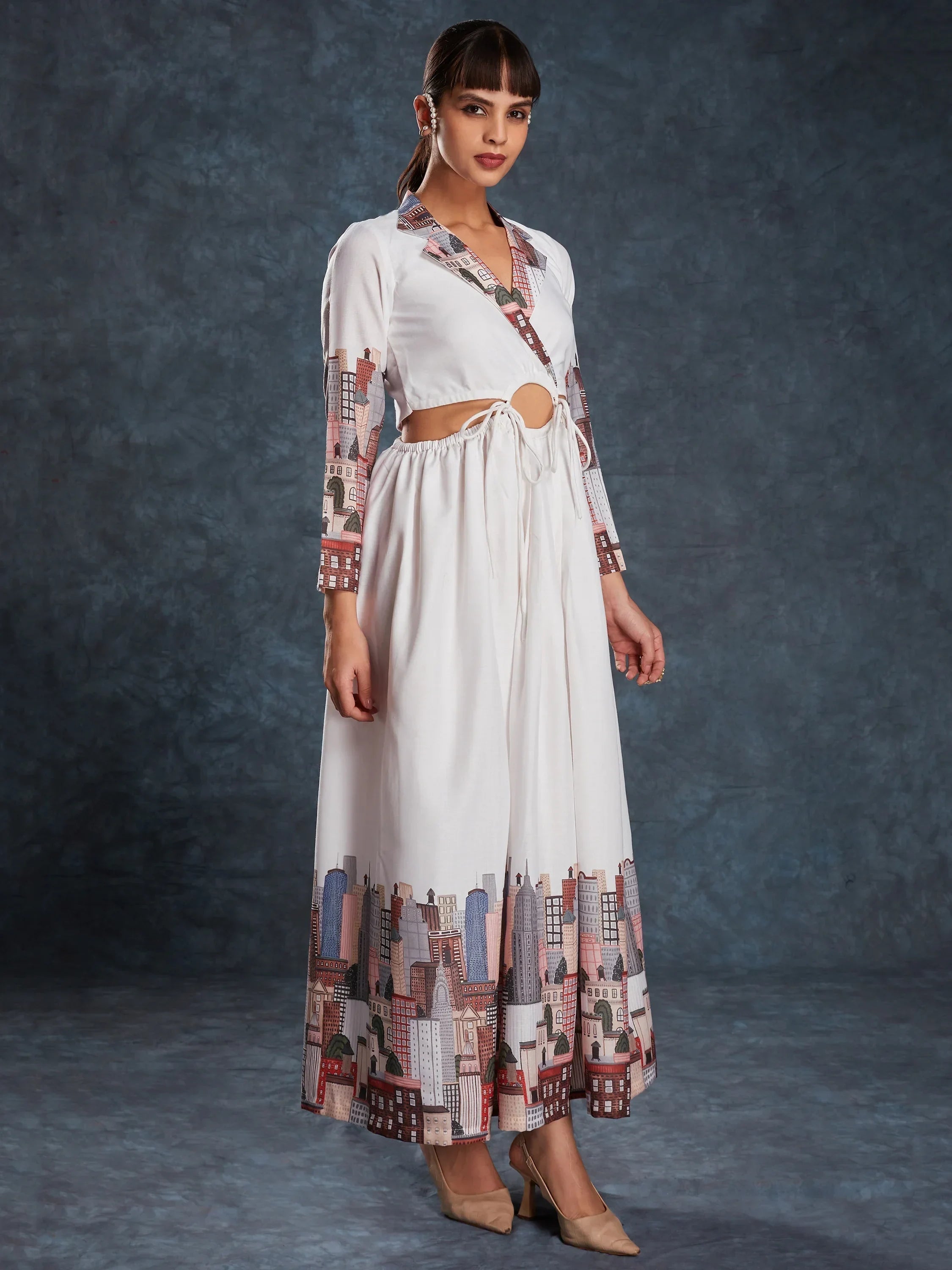 Fantastical White Printed Linen Western Wear Long Dress