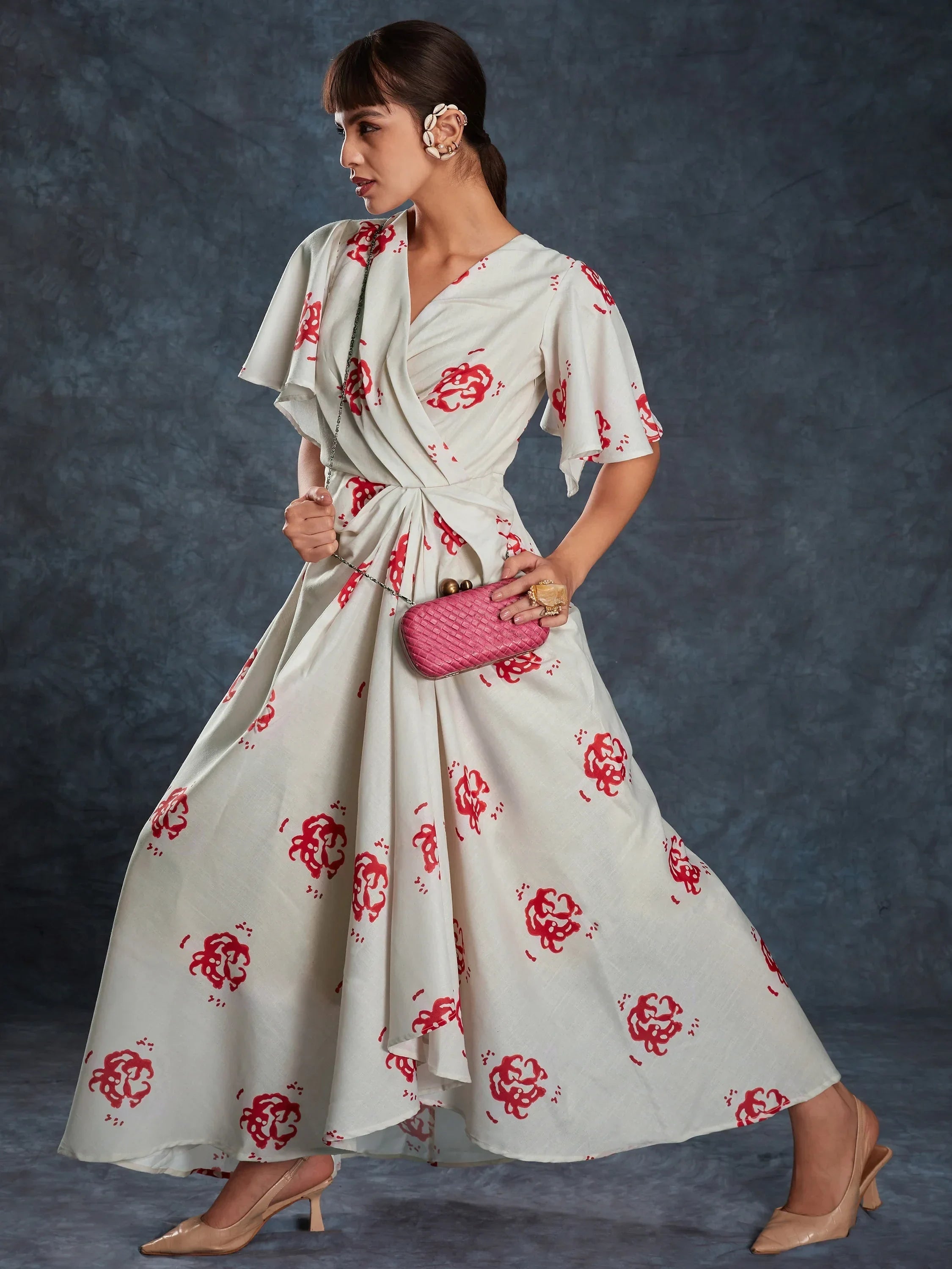 Glamorous Cream Printed Linen Western Wear Maxi Dress