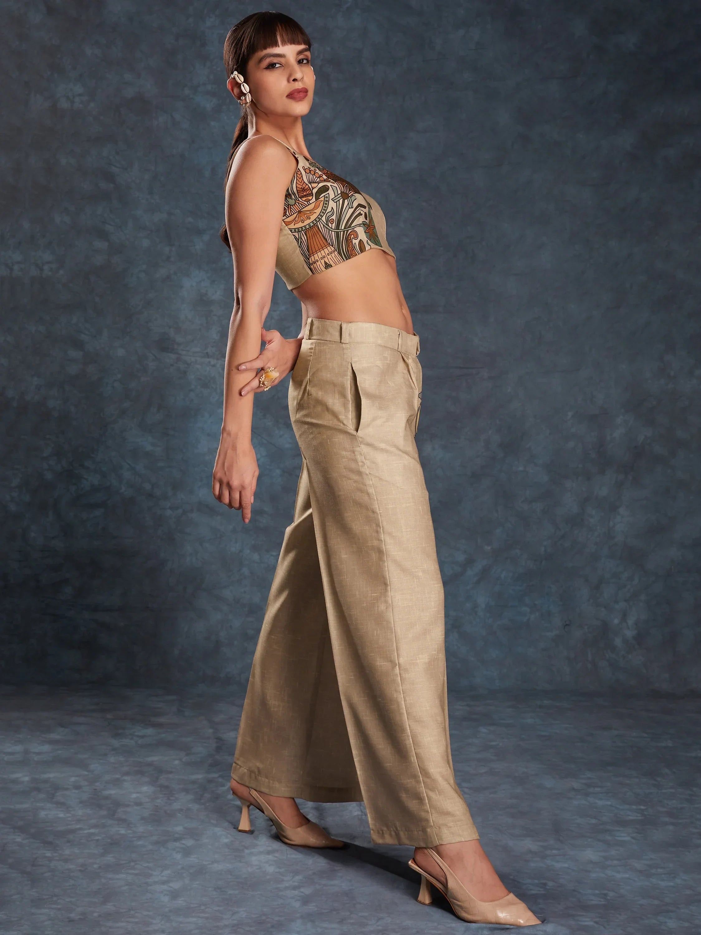 Bewitching Brown Printed Linen Western Wear Co-Ord Set