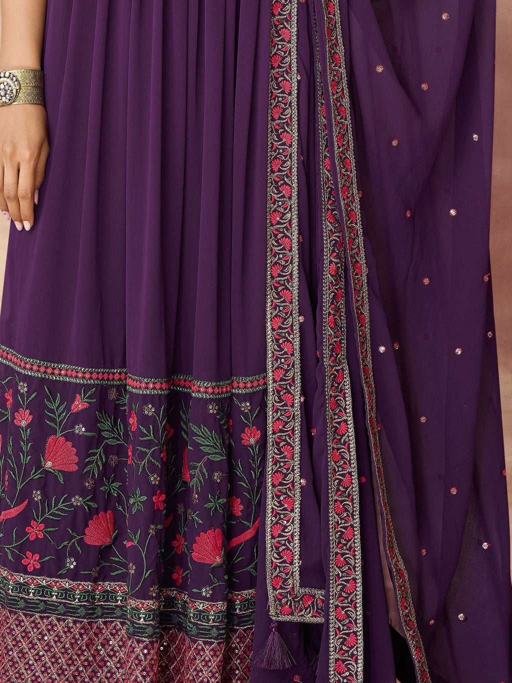 Astonishing Purple Embroidered Georgette Palazzo Suit With Dupatta