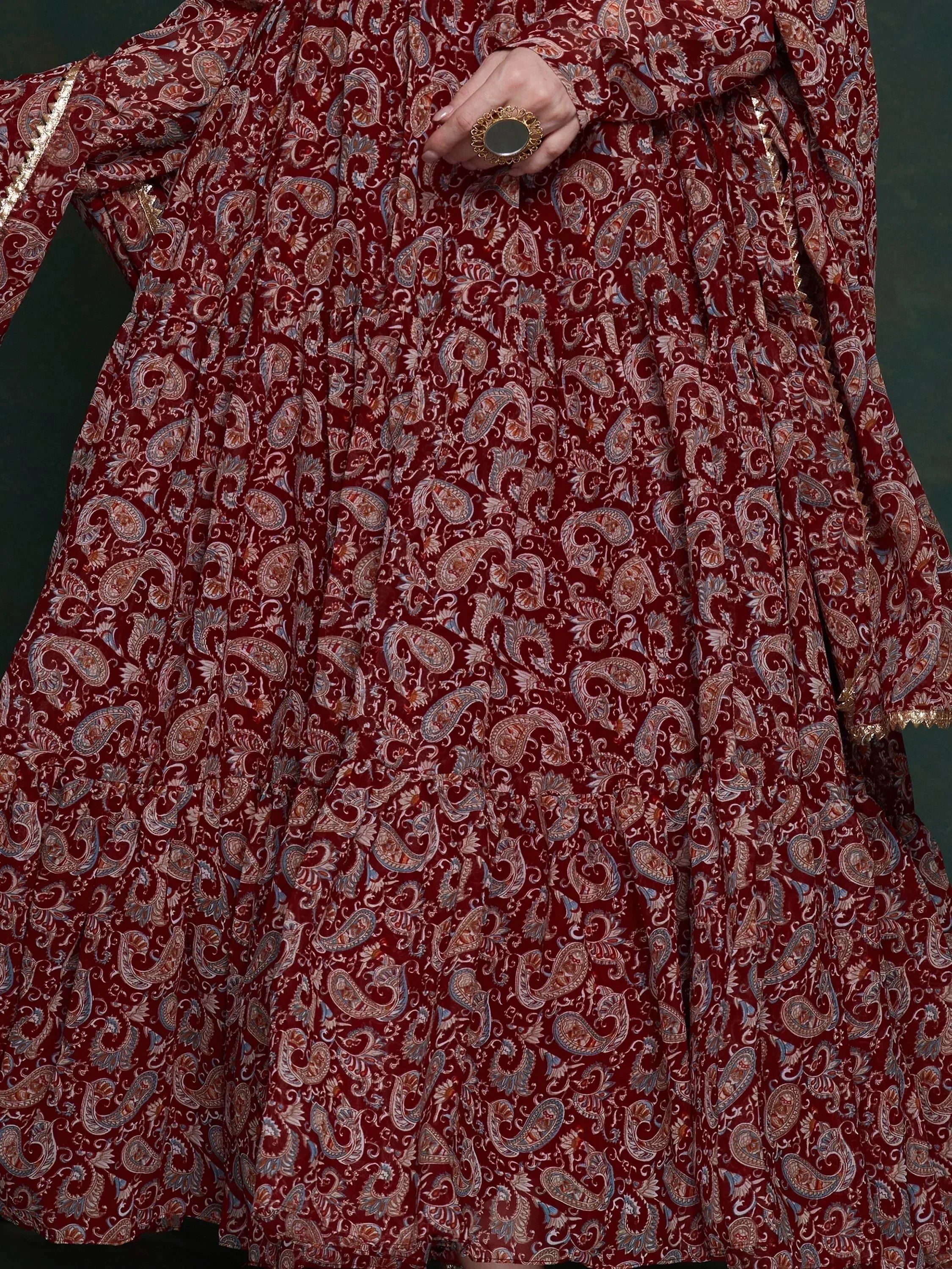 Excellent Maroon Digital Printed Organza Event Wear Gown With Dupatta