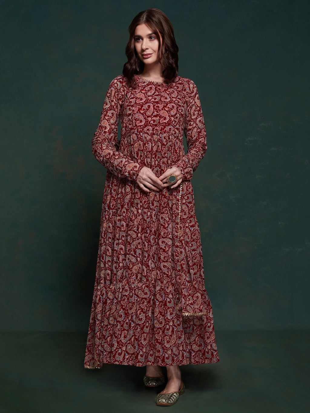 Excellent Maroon Digital Printed Organza Event Wear Gown With Dupatta