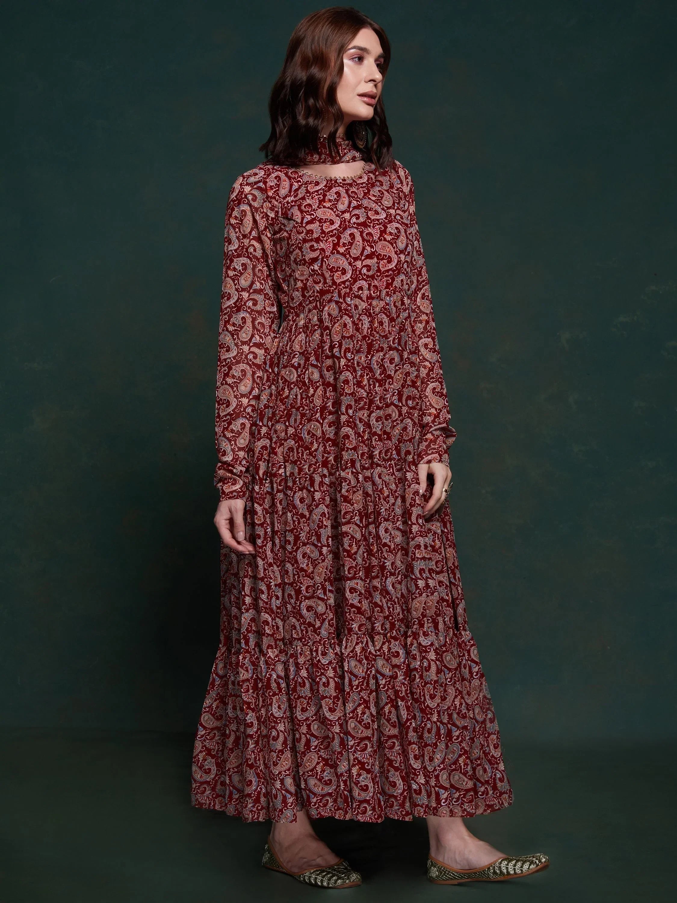 Excellent Maroon Digital Printed Organza Event Wear Gown With Dupatta