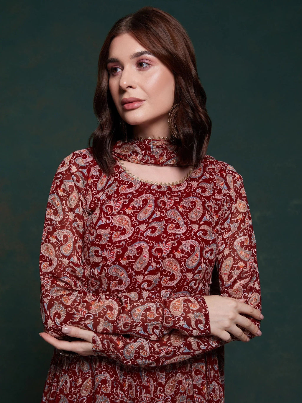 Excellent Maroon Digital Printed Organza Event Wear Gown With Dupatta