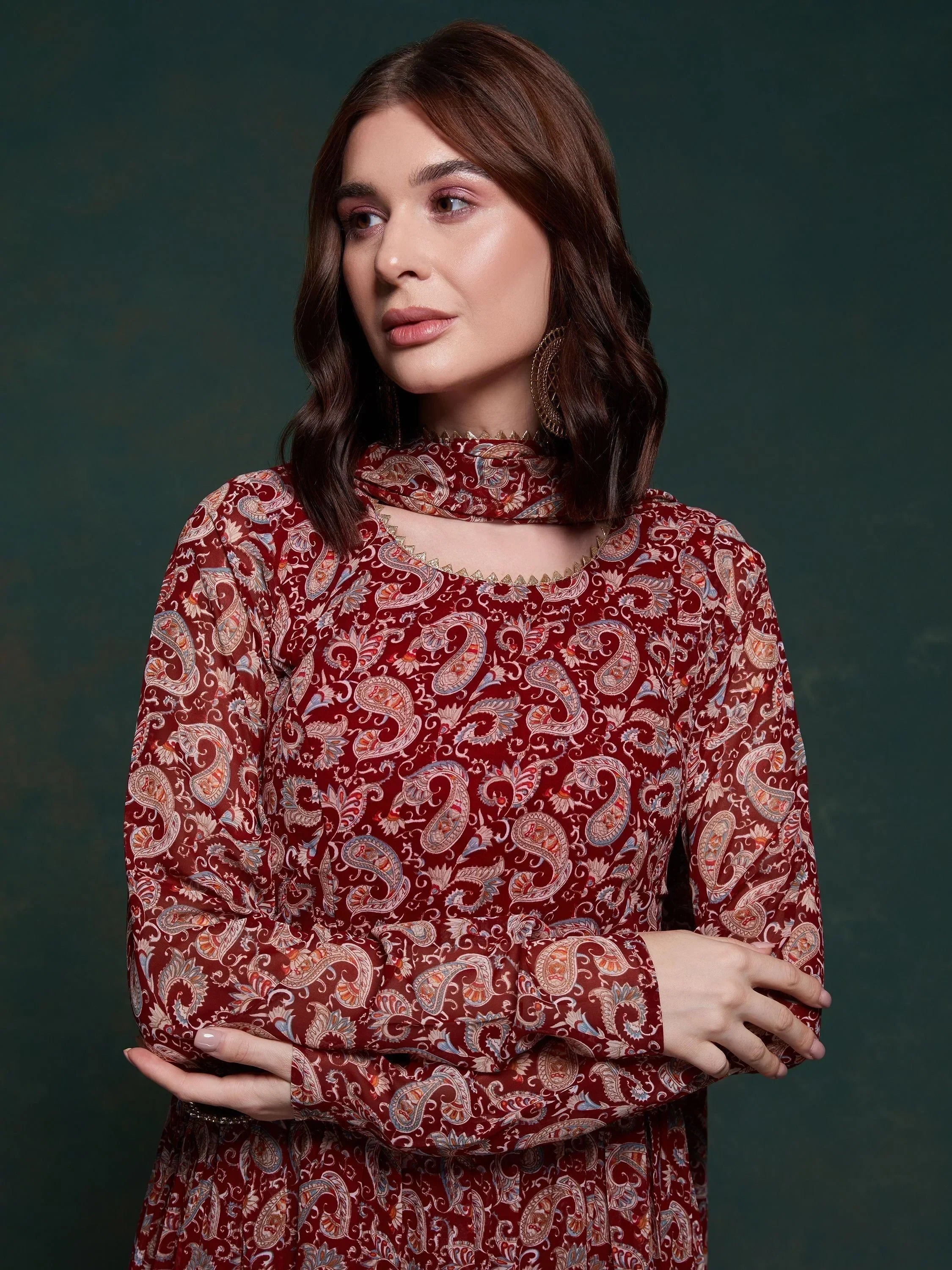 Excellent Maroon Digital Printed Organza Event Wear Gown With Dupatta