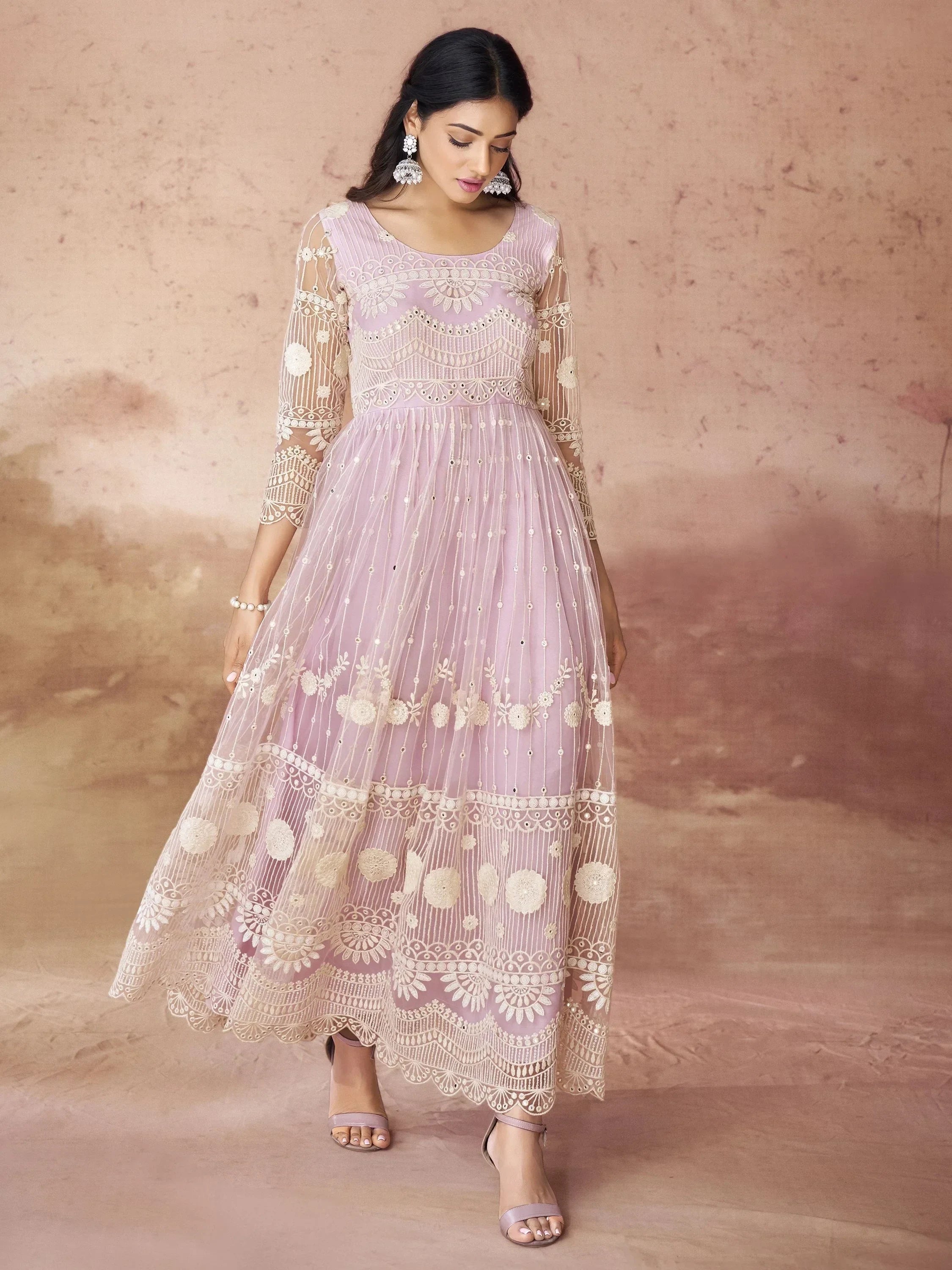 Fabulous Baby Pink Embroidered Net Festival Wear Gown