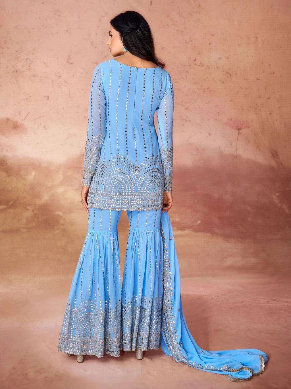 Awesome Sky-Blue Sequins Georgette Sharara Suit With Dupatta