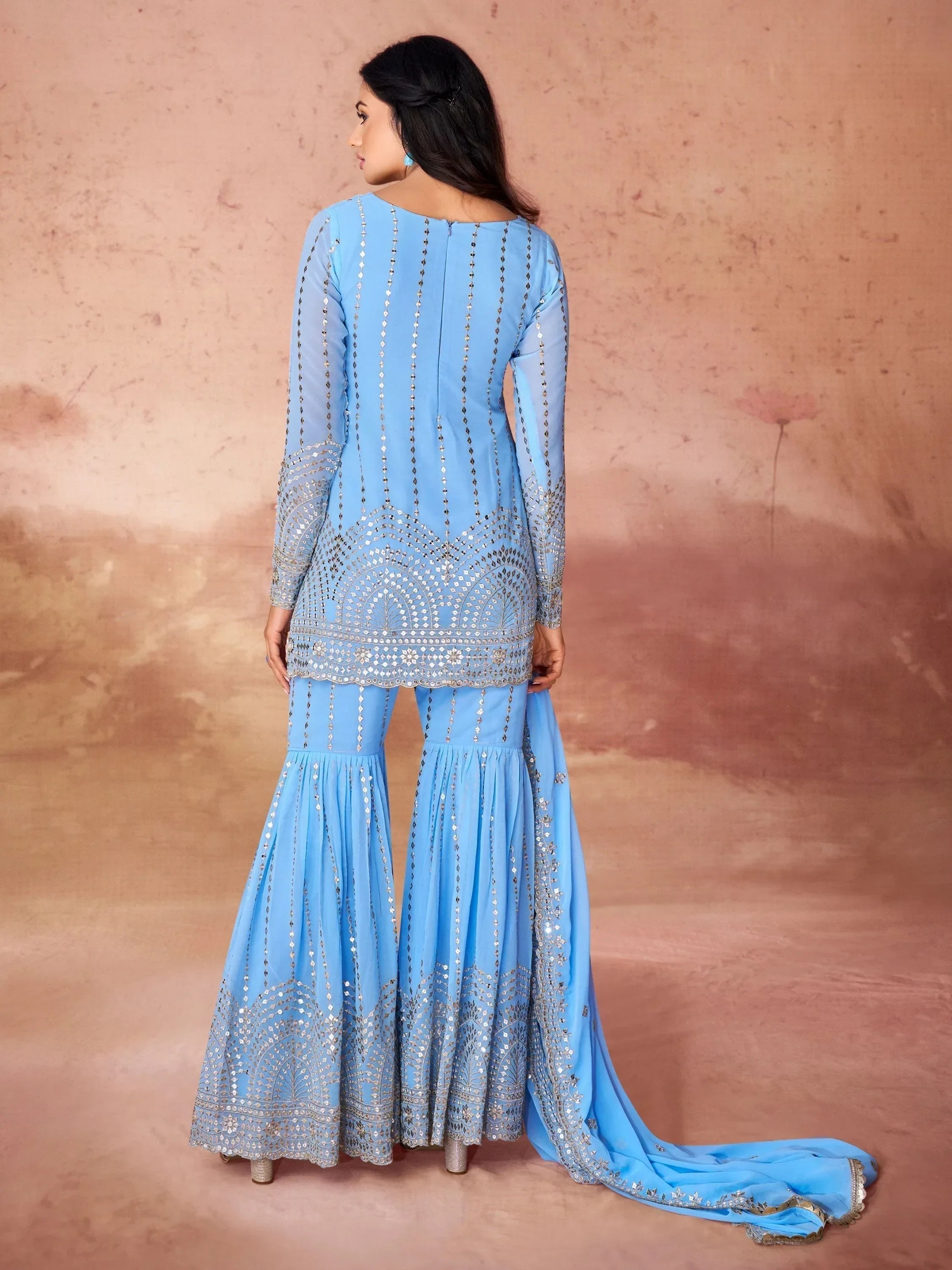 Awesome Sky-Blue Sequins Georgette Sharara Suit With Dupatta