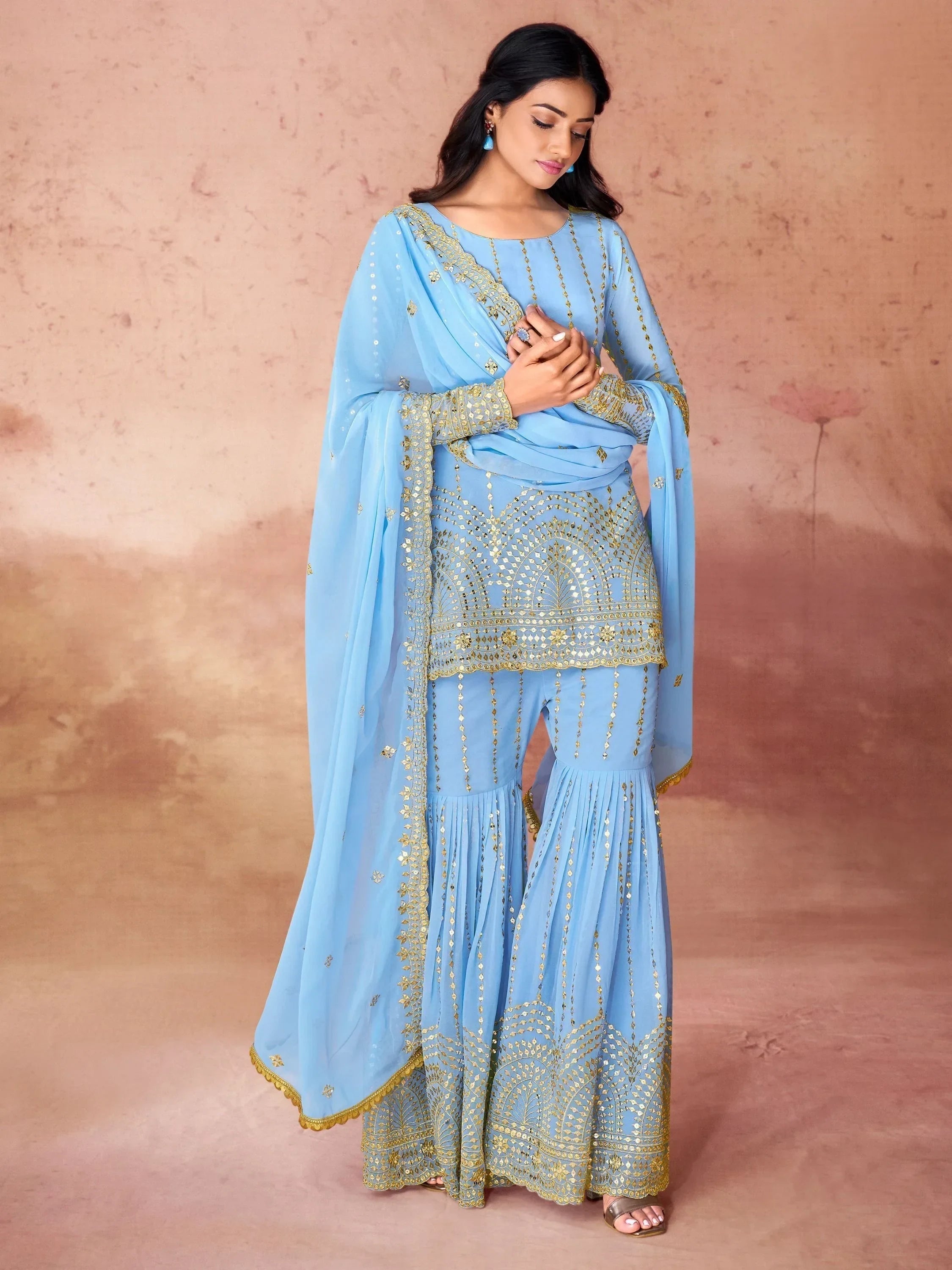 Awesome Sky-Blue Sequins Georgette Sharara Suit With Dupatta