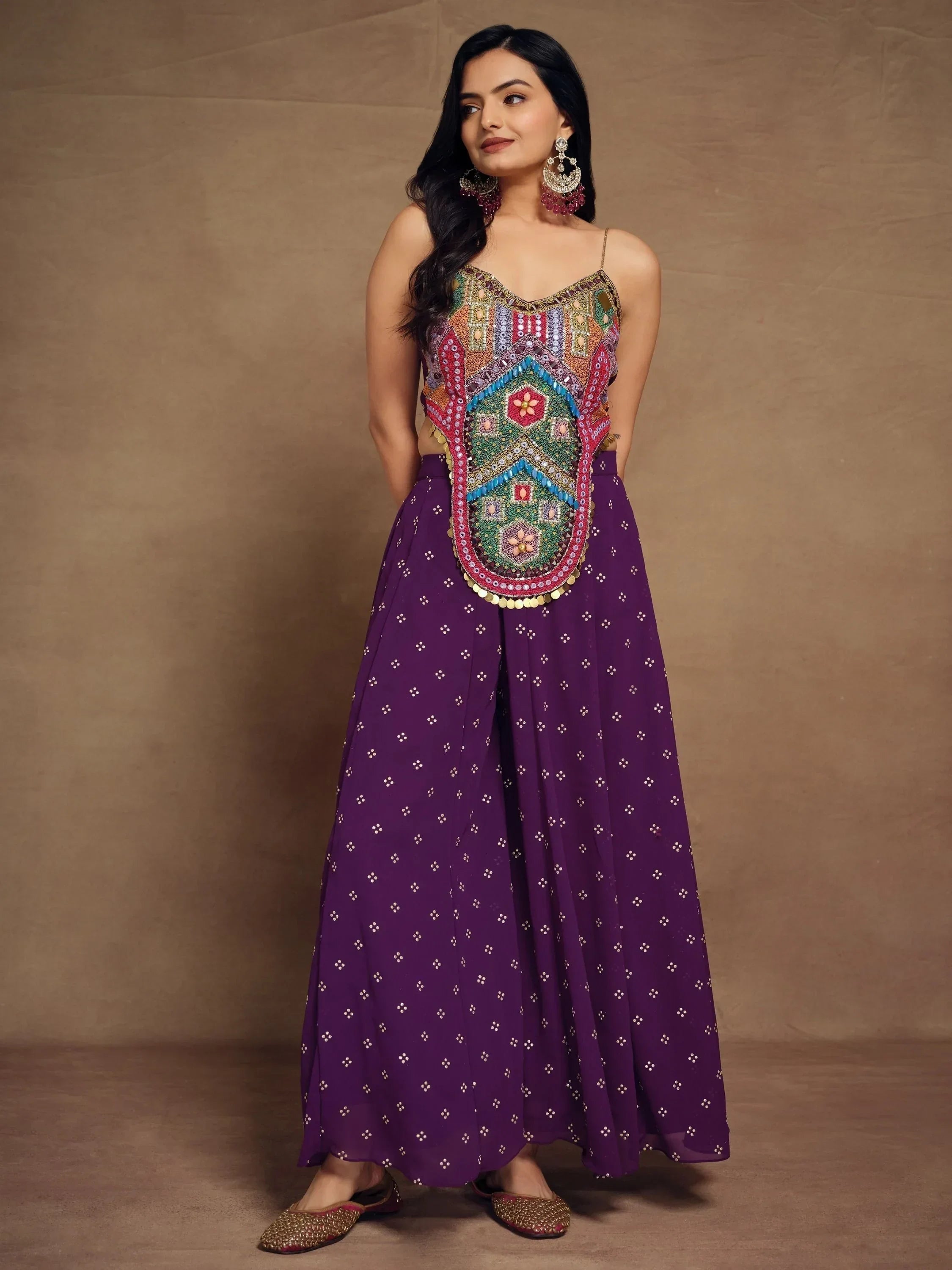 Beautiful Purple Thread Work Georgette Designer Crop Top Palazzo