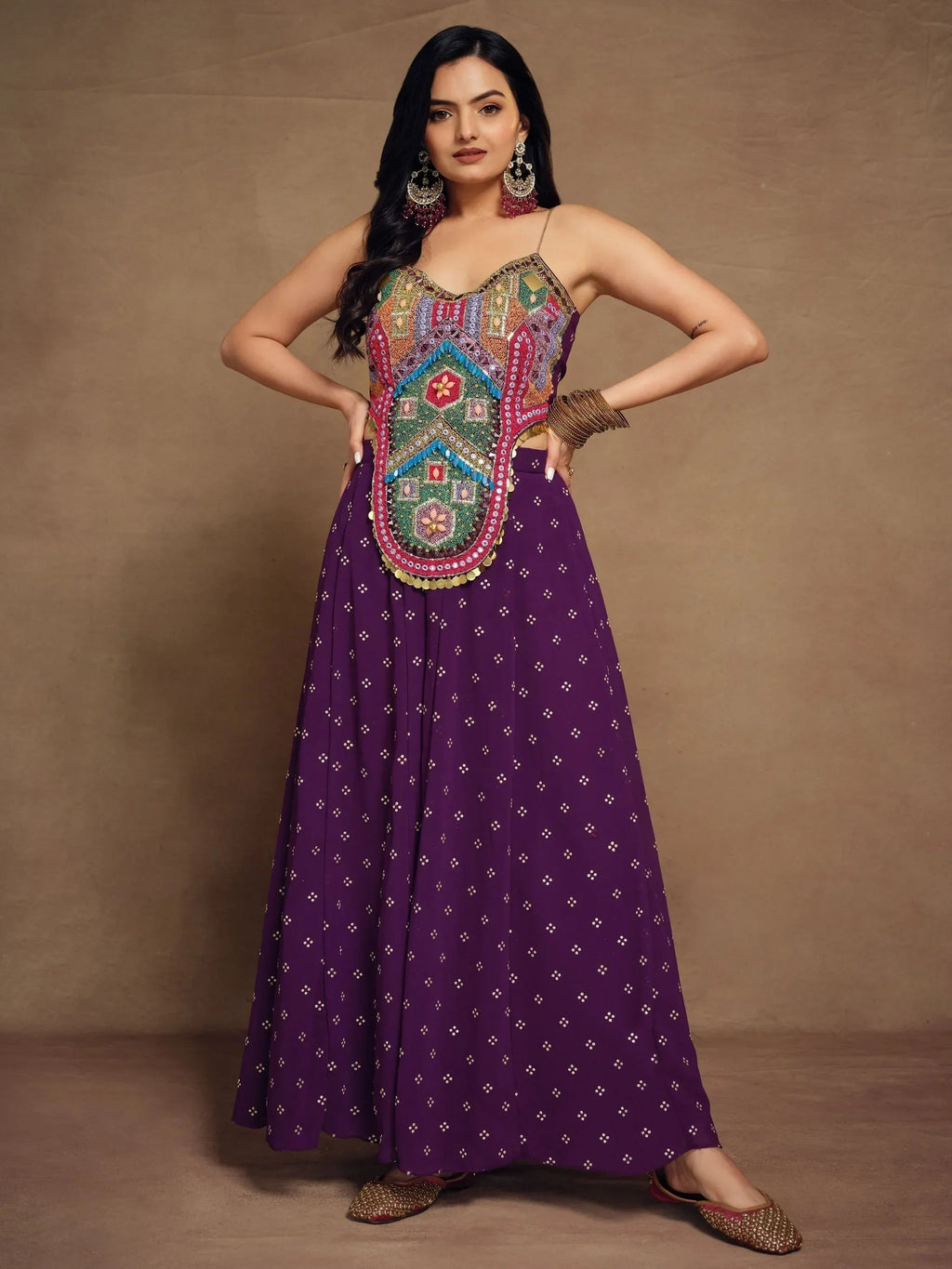 Beautiful Purple Thread Work Georgette Designer Crop Top Palazzo