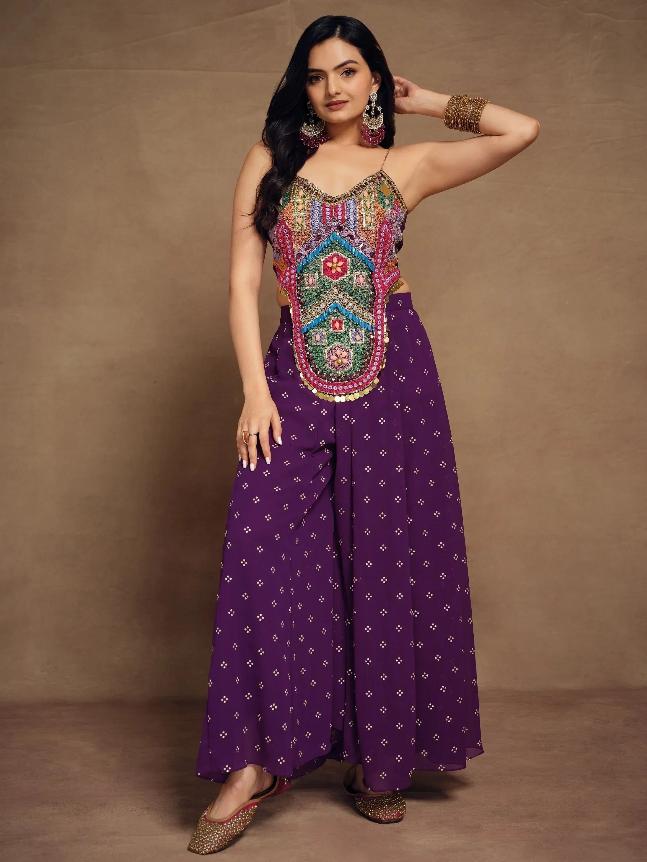 Beautiful Purple Thread Work Georgette Designer Crop Top Palazzo